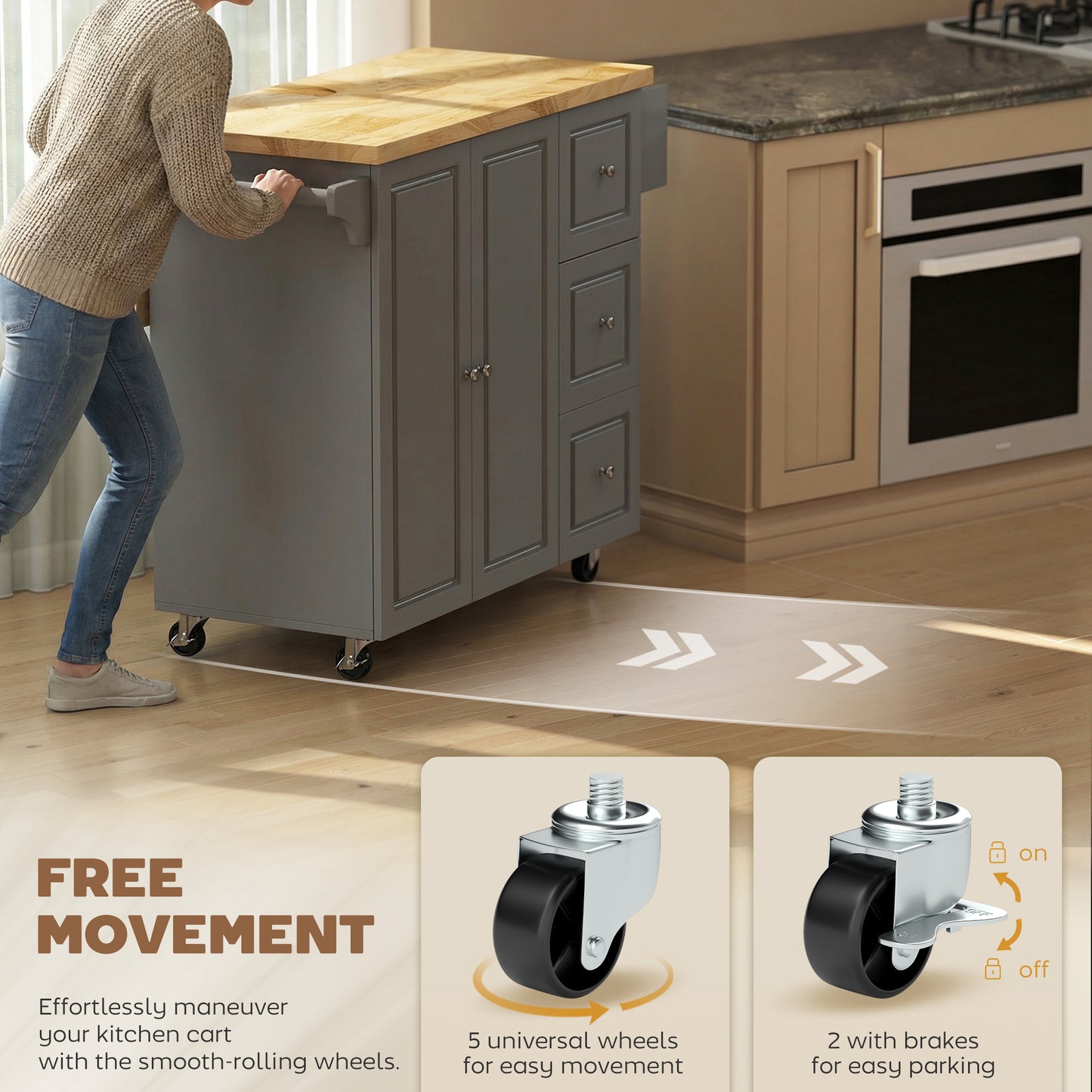 HOMCOM Kitchen Island On Wheels With Drop Leaf And Spice Rack Rolling Storage Trolley With Drawers Grey