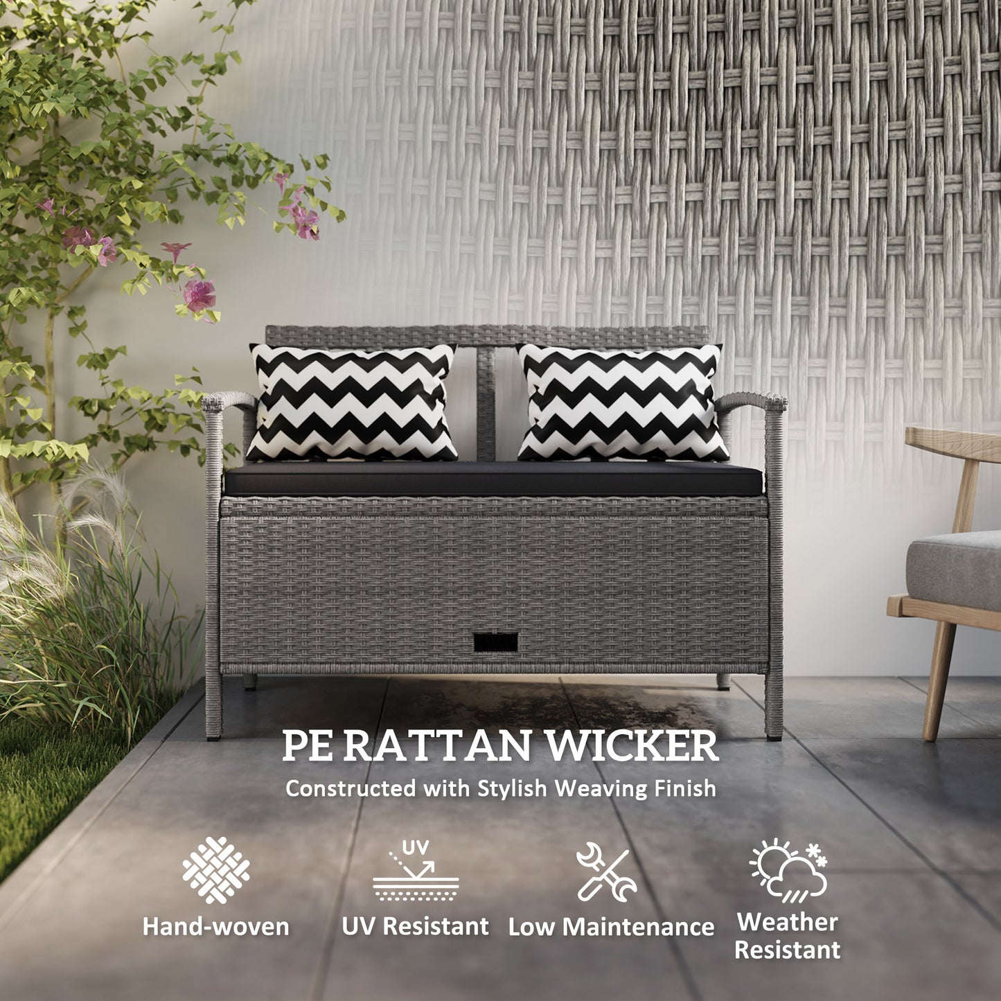 Outsunny 160L Storage Two Seater Rattan Bench Grey Outdoor Garden Patio Furniture With Under Seat Storage