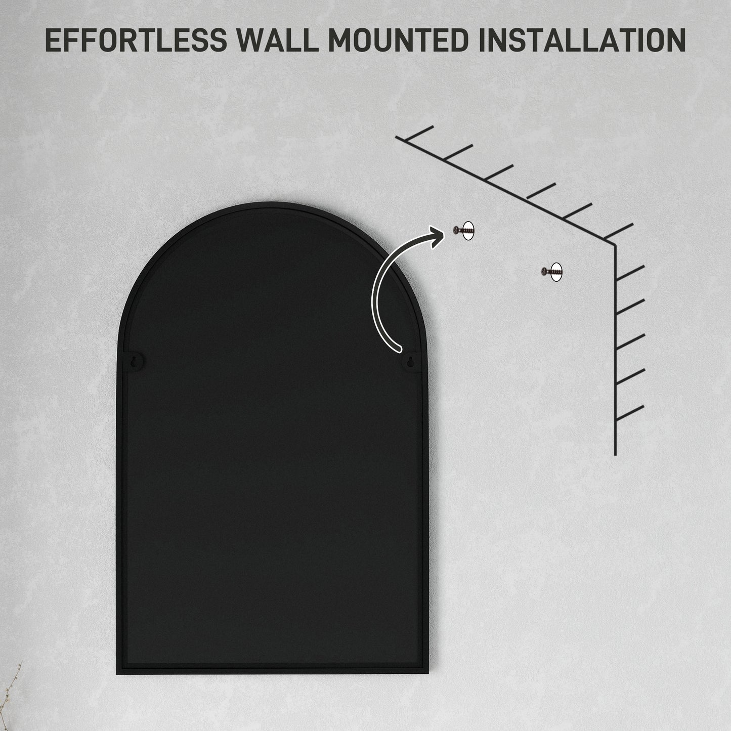 HOMCOM 60 X 90cm Arched Mirror Black With HD Glass And Shatter Resistant Film Plus Mounting Accessories