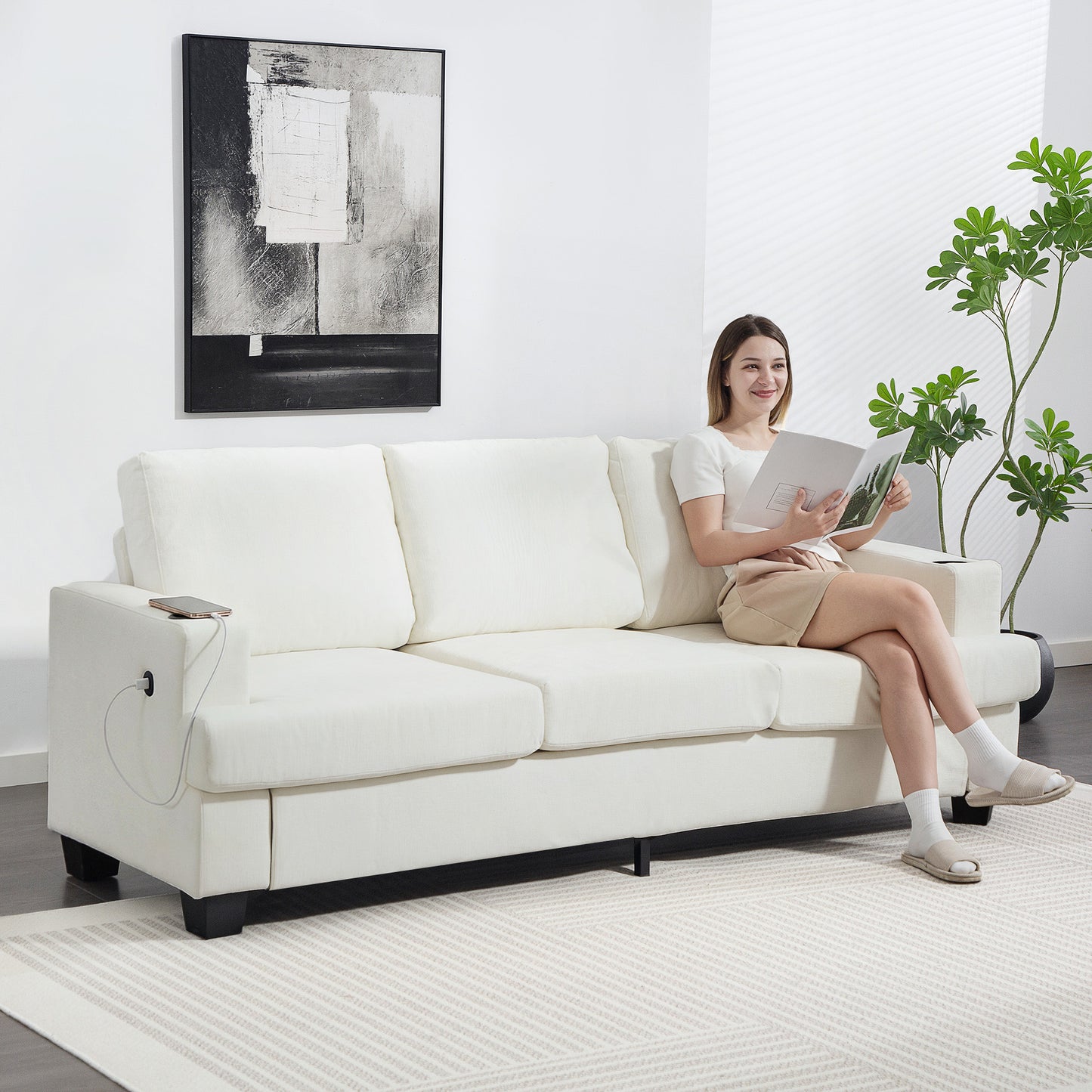 HOMCOM 3 Seater Sofa With USB Ports And Cup Holders Cream White Upholstered In Plush Chenille Fabric