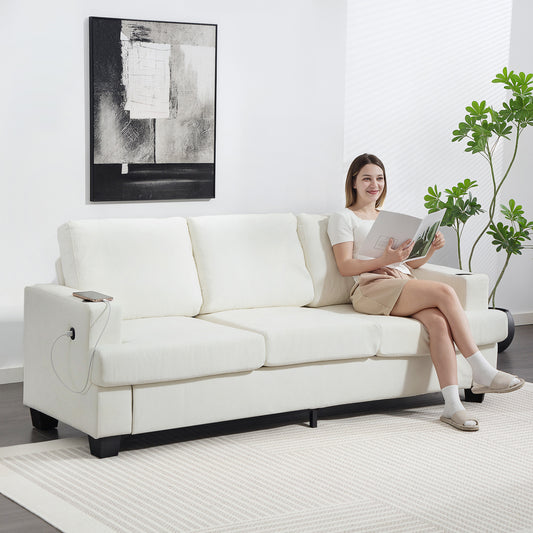 Cream plush chenille 3-seat sofa with wide arms and cushioned backrest