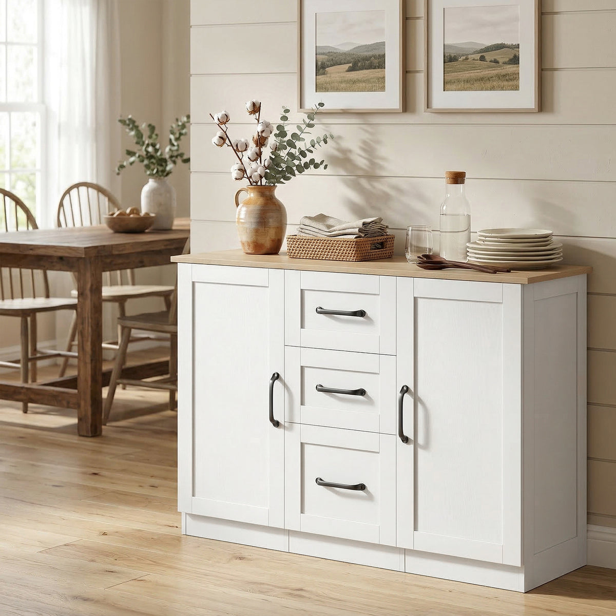 White sideboard cabinet with 3 drawers and 2 soft-close doors, black handles