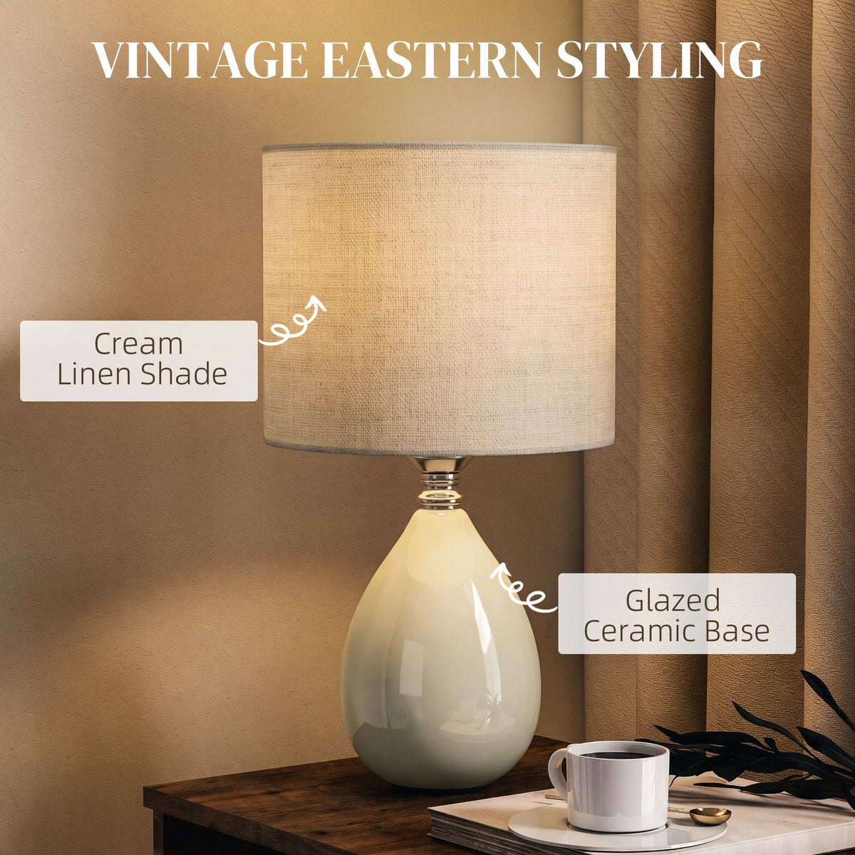 HOMCOM Vintage Eastern Ceramic Bedside Table Lamp With Cream Linen Shade