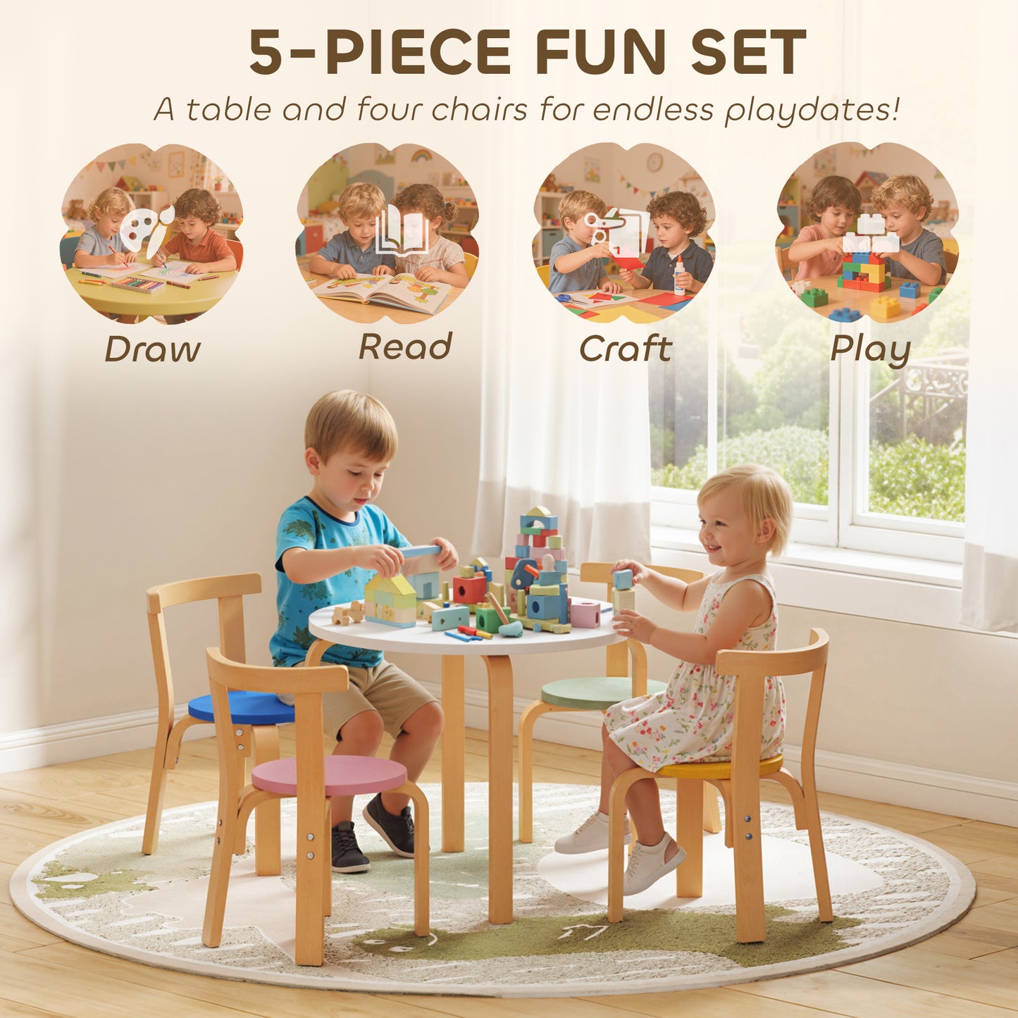 AIYAPLAY 5 Piece Kids Table and Chairs Set Toddler Table and Chairs Set for Nursery Playroom Classroom Ages 3 to 8