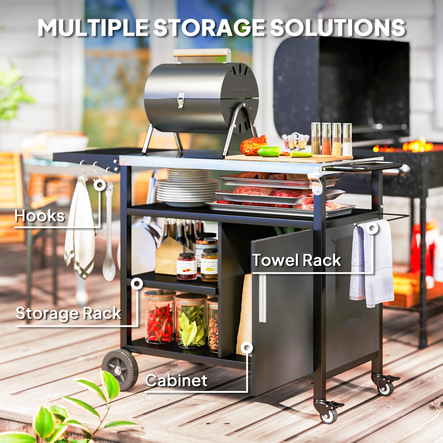 Outsunny Outdoor BBQ Trolley With Foldable Side Table Stainless Steel Top Wheels Shelves Cabinet Movable Grill Cart