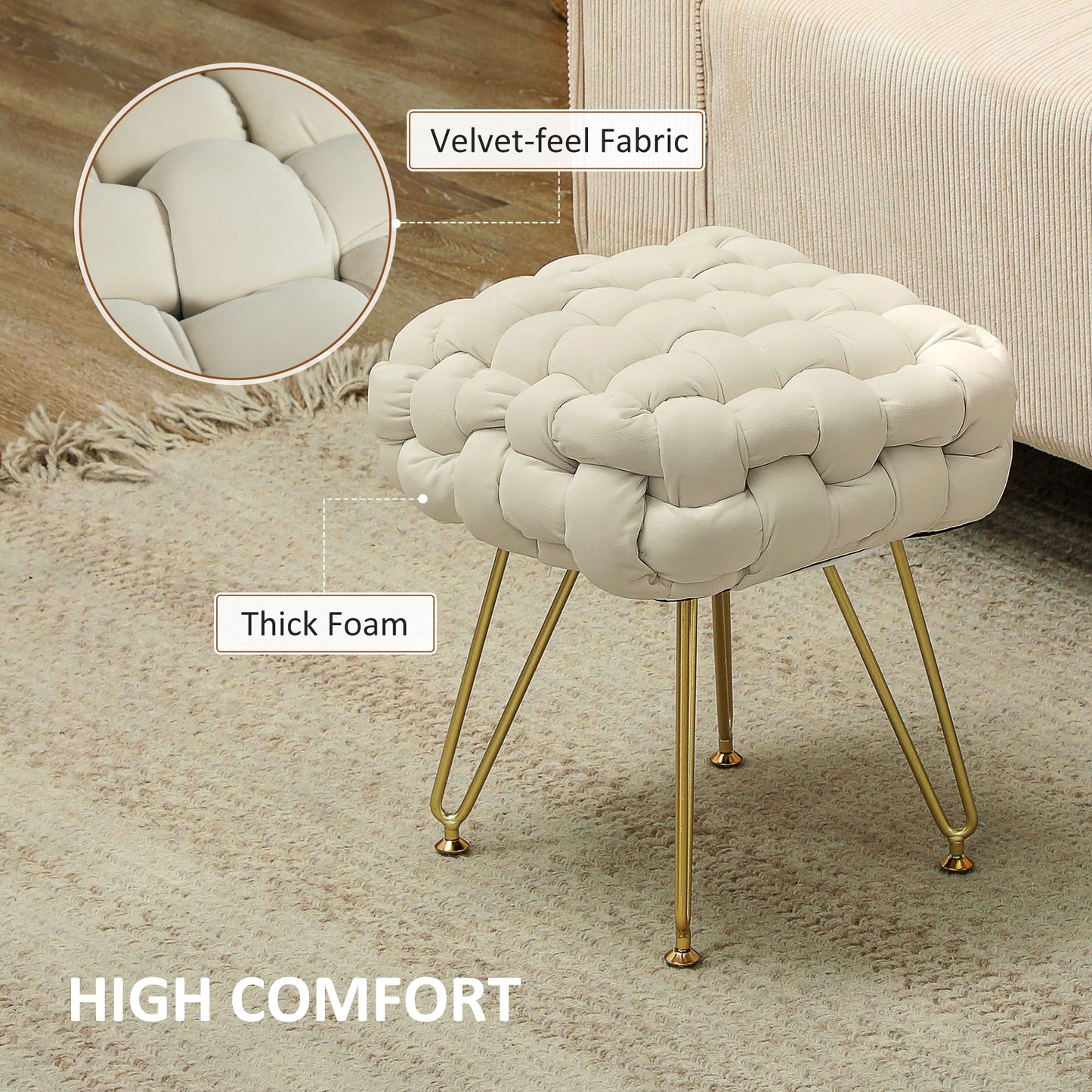 Homcom Velvet Feel Bold Cross Woven Footstool Cream White Living Room Friendly Padded Comfort