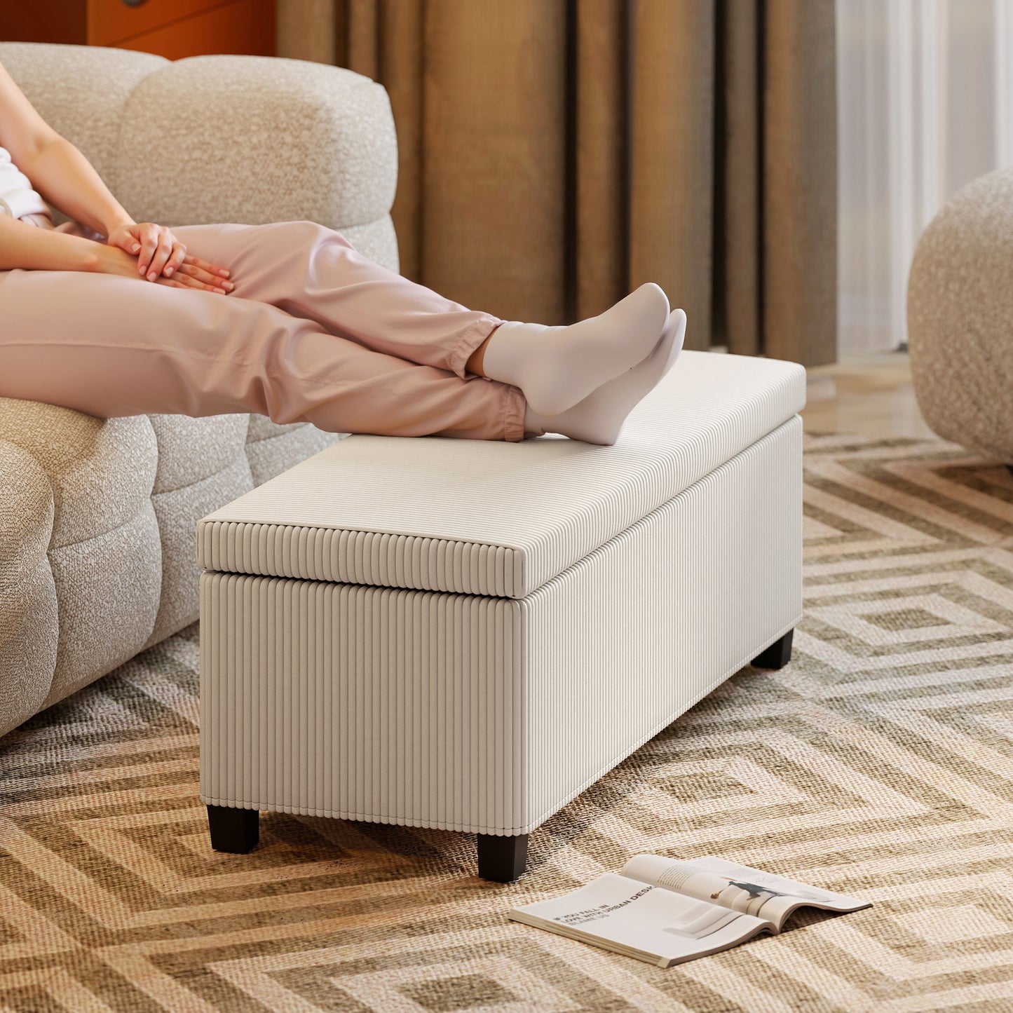 HOMCOM Corduroy Storage Ottoman Bench With Wooden Legs 112cm Bed End Bench Beige For Living Room Bedroom