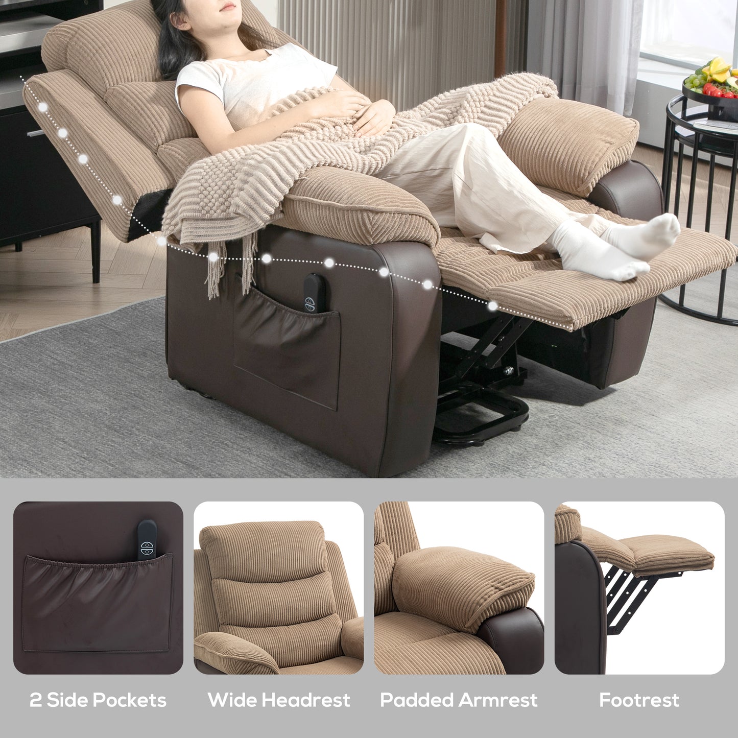 HOMCOM Overstuffed Corduroy Electric Lift Recliner Chair With USB Port And 45 Degree Recline Footrest Brown