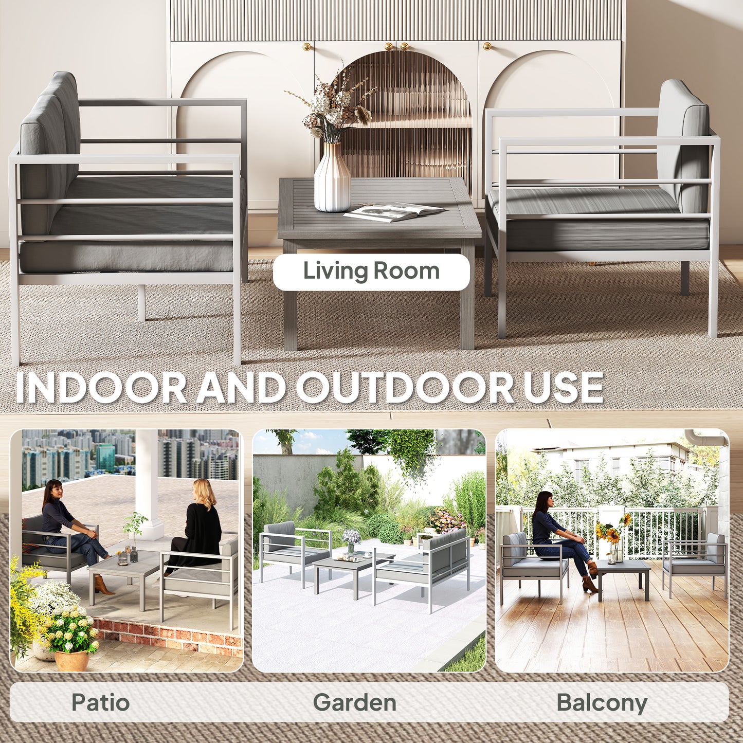 Outsunny 4 Piece Garden Furniture Set Aluminium 4 Seater Sofa with 2 Armchairs Loveseat Coffee Table Charcoal Grey