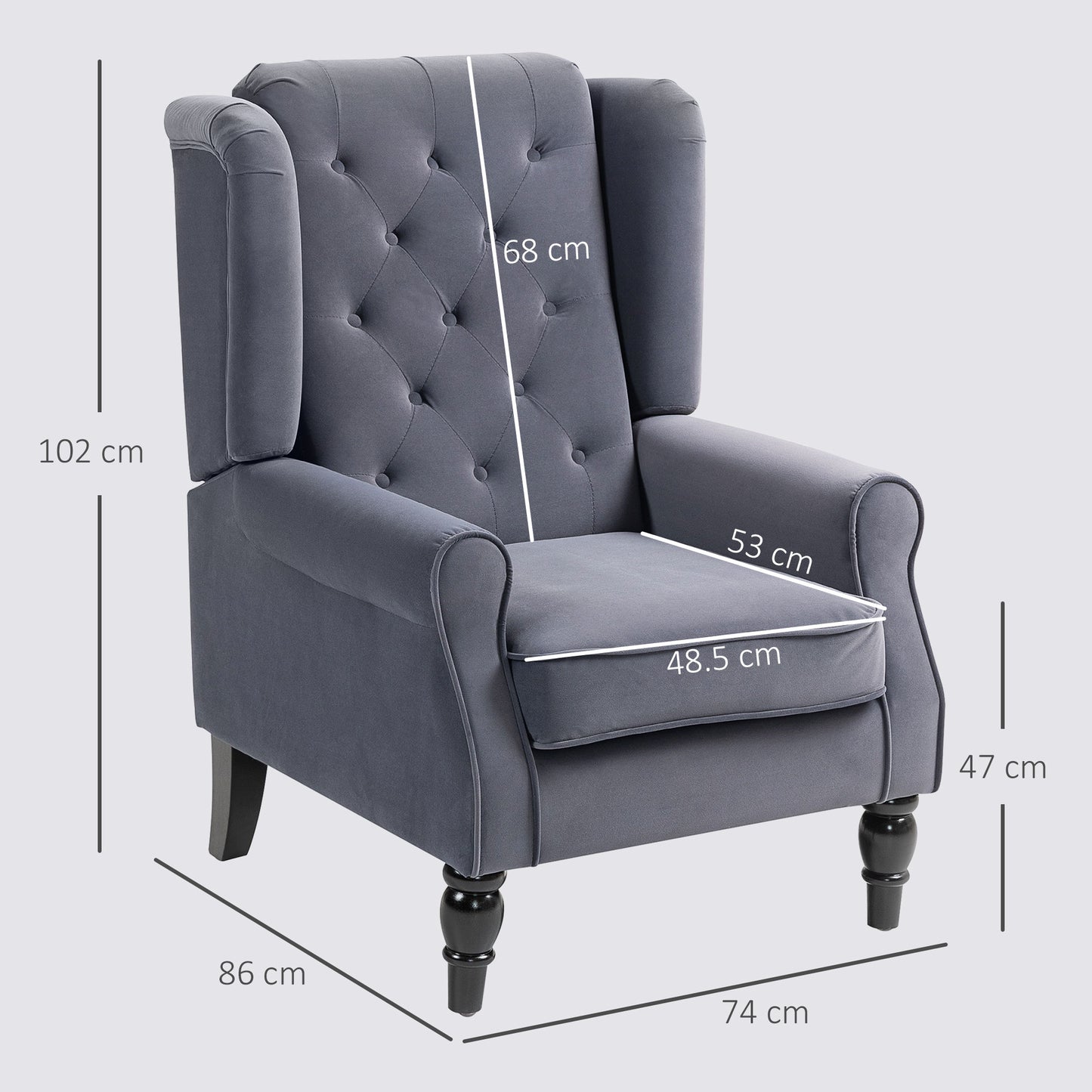 HOMCOM Wingback Accent Chair Retro Upholstered Tufted Armchair for Living Room and Bedroom Charcoal Grey