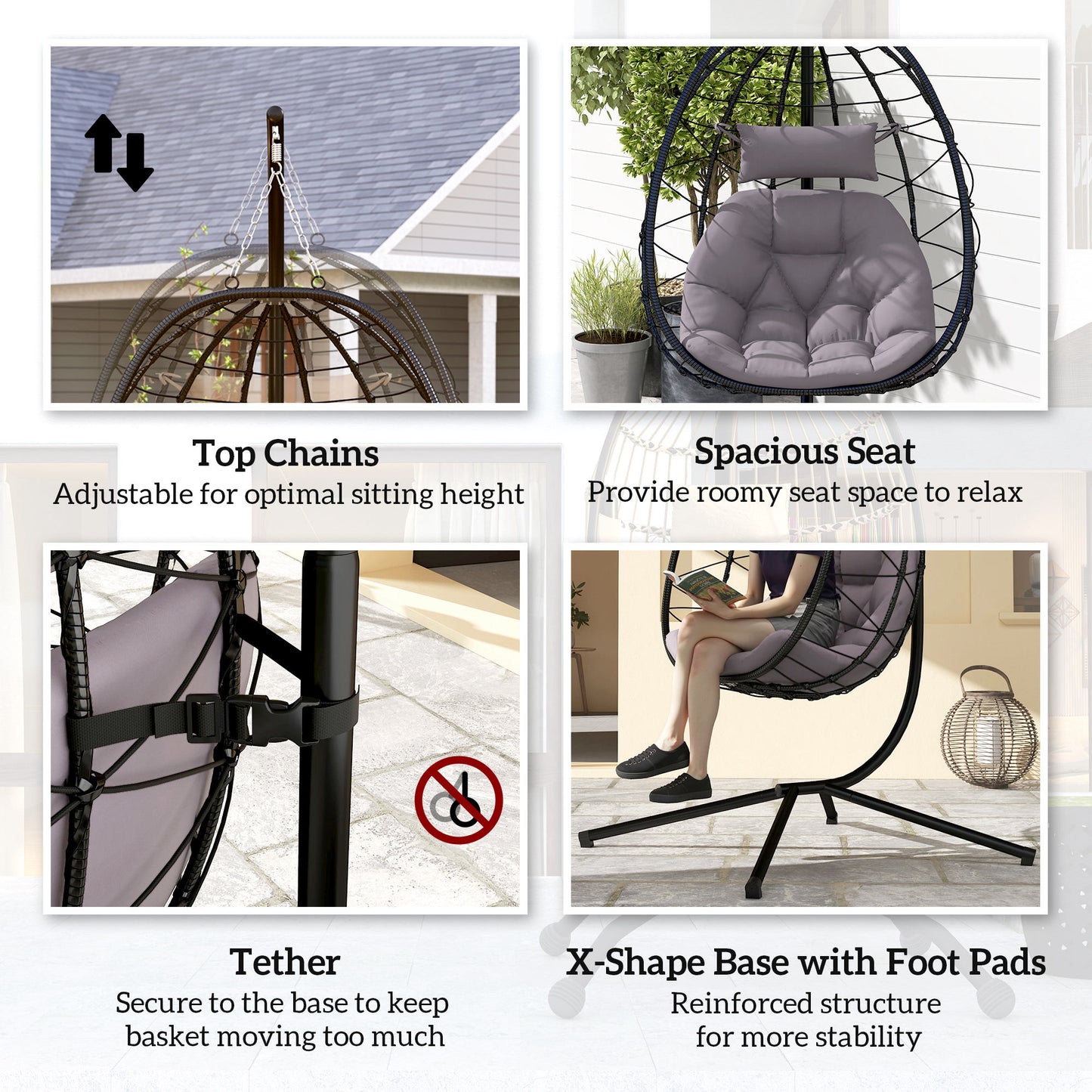 Outsunny Hanging Egg Chair Outdoor Indoor Garden Swing Chair With Folding Basket Thickened Cushion Headrest Stand Grey