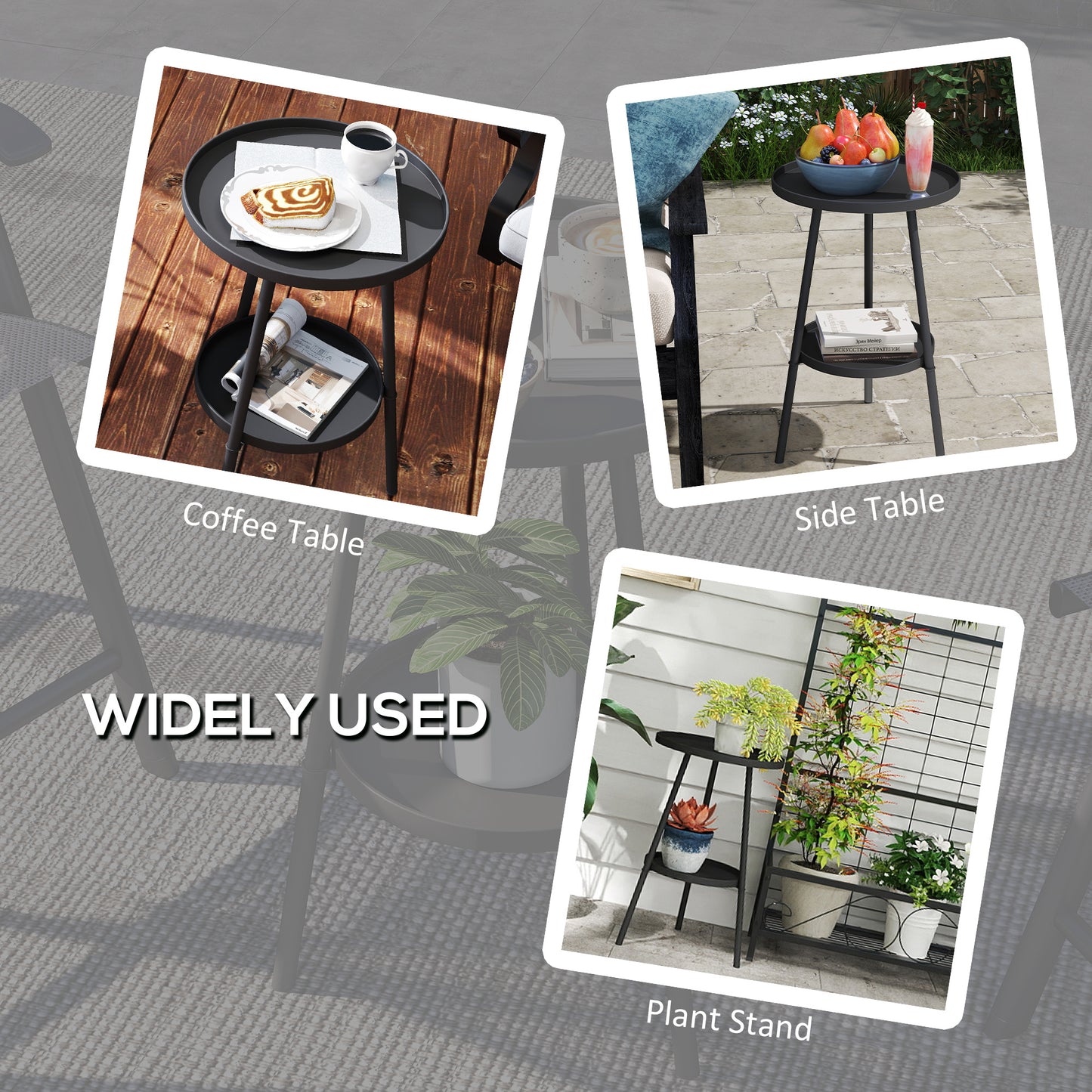 Outsunny Two Tier Round Metal Garden Table Outdoor Indoor Weather Resistant Black Finish