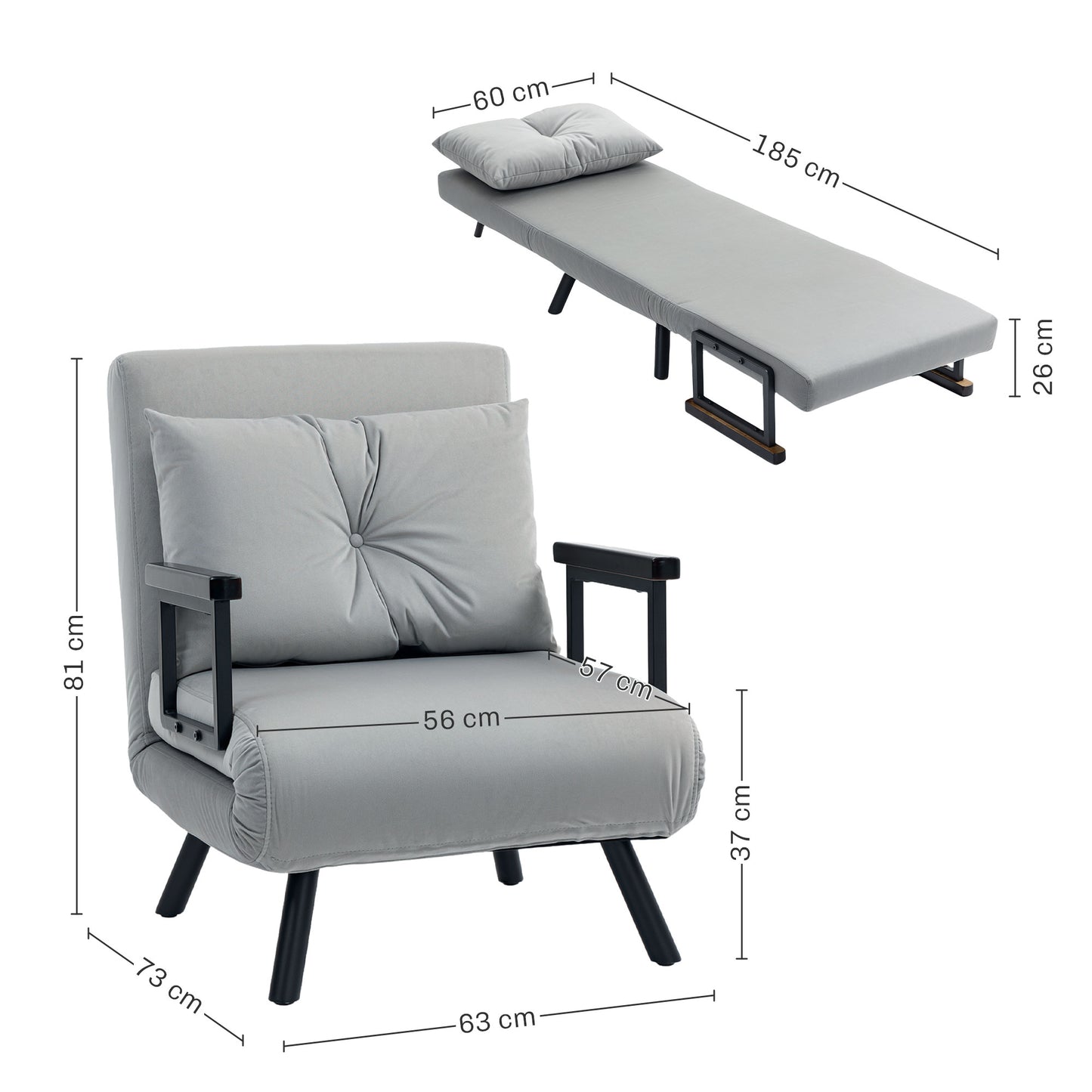 HOMCOM Four In One Velvet Feel Folding Chair Bed With Pillow Adjustable Backrest Steel Frame Light Grey