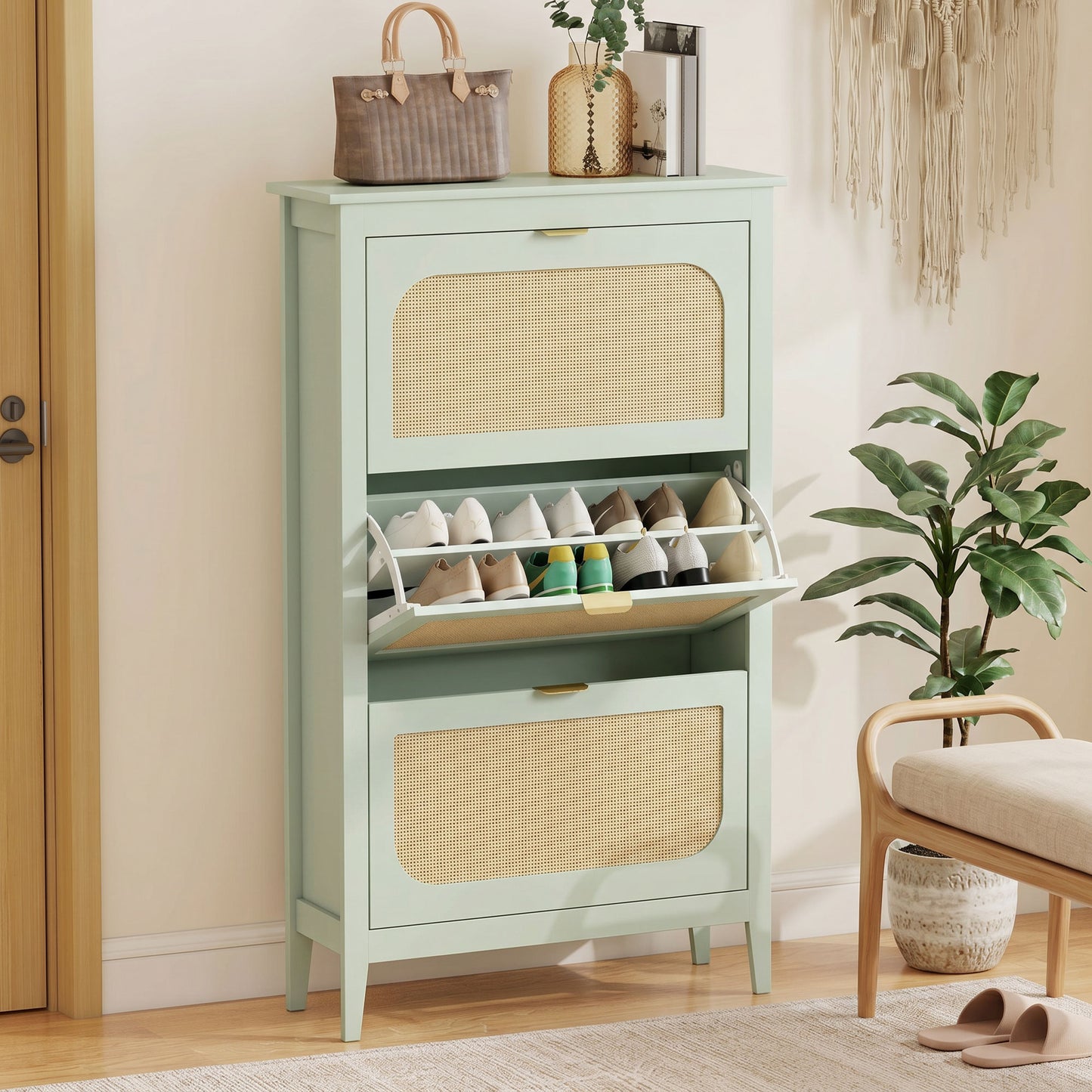 HOMCOM Narrow Boho Shoe Cabinet With Three Flip Drawers Holds 21 Pairs Light Green Entryway Storage