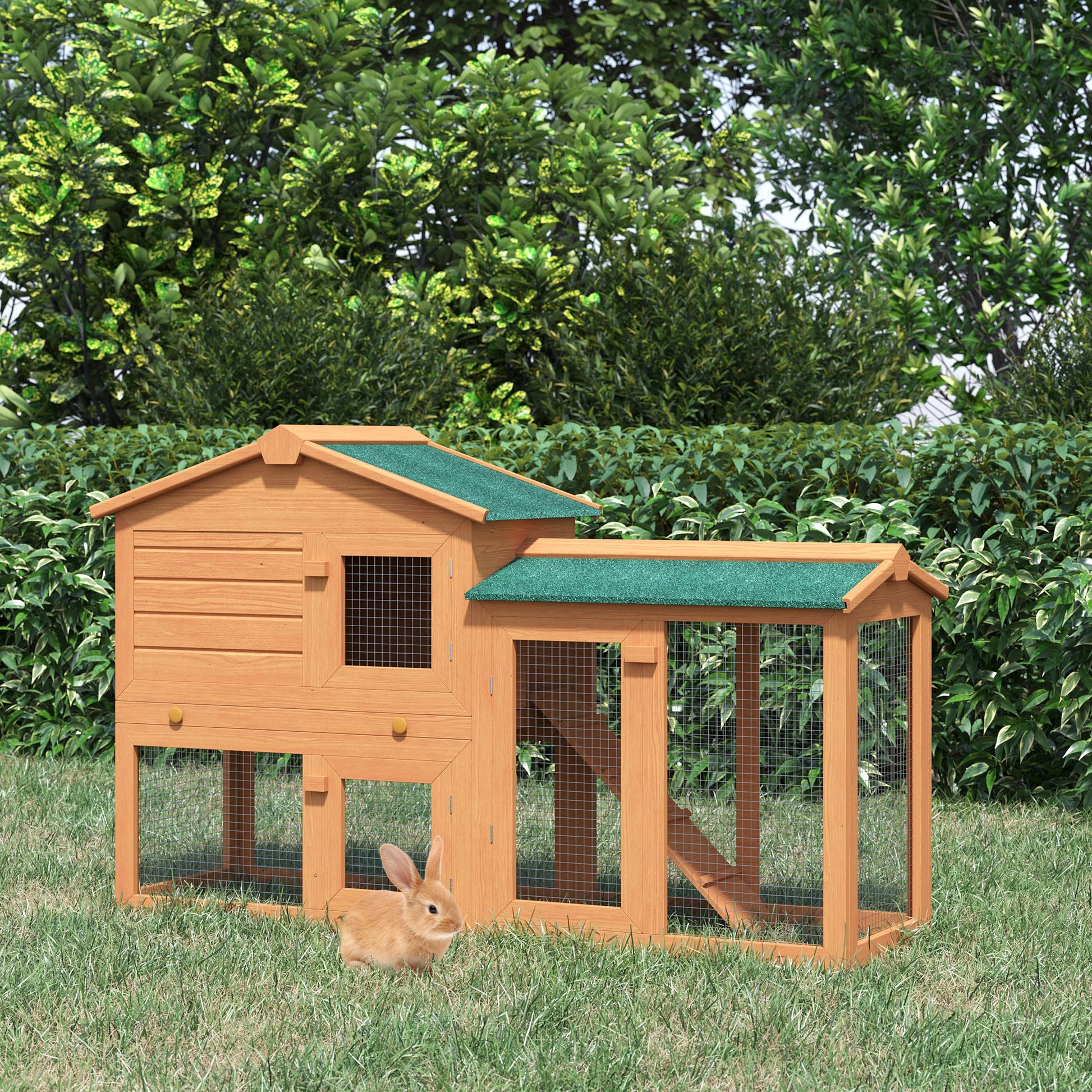 PawHut 2-Story Fir Wood Rabbit Hutch with Ramp and Outdoor Run - Brown - ALL4U RETAILER LTD