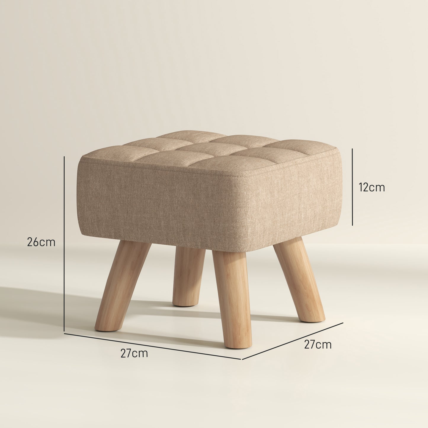 HOMCOM Linen Look Square Padded Footstool Brown With Tufted Top And Wooden Legs For Stability