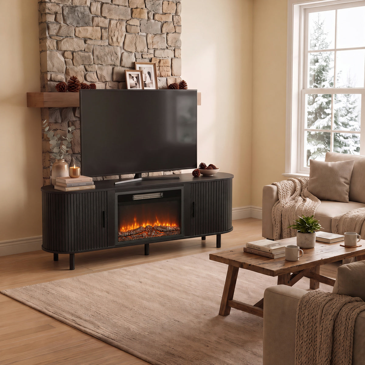 Modern heated TV stand with electric fireplace and storage doors, shown in living room setting