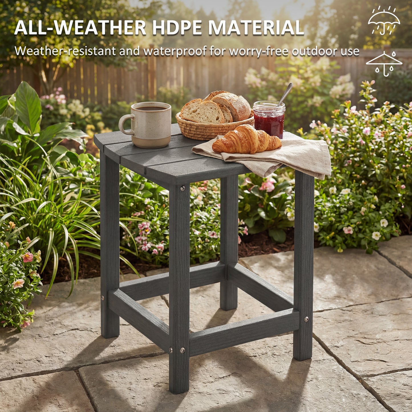 Outsunny All Weather HDPE Garden Side Table With Wood Effect Texture For Indoor Outdoor Patio Grey