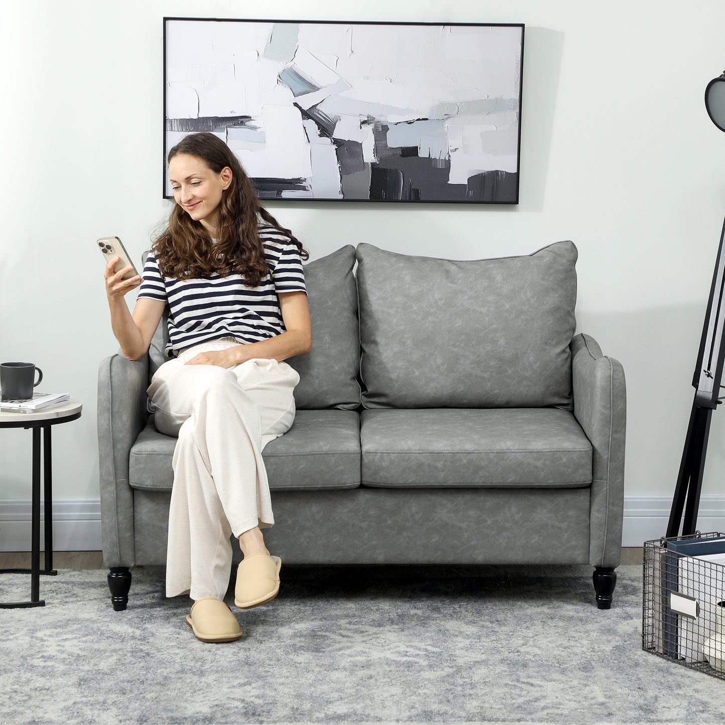 HOMCOM Faux Leather Marble Effect Two Seater Sofa Grey With Thick Padded Upholstery For Living Room And Bedroom