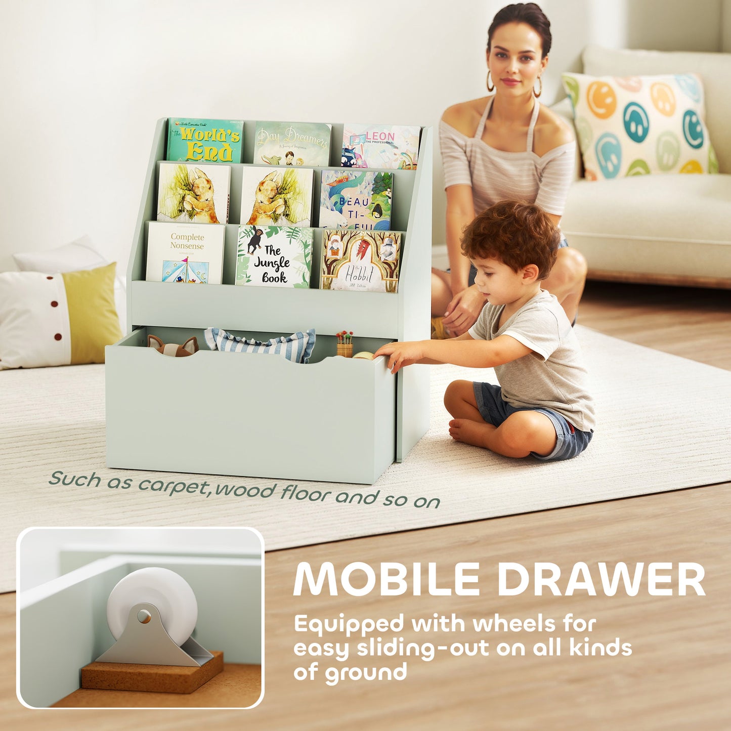 AIYAPLAY Kids Bookcase With Three Shelves And Drawer On Wheels For Bedroom And Playroom Green