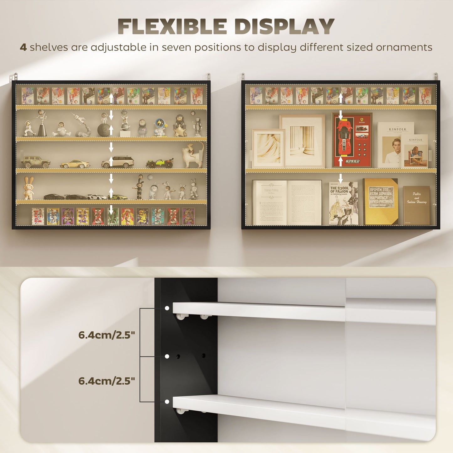 HOMCOM Five Tier Wall Display Cabinet With Glass Doors 60x80 cm Black And White Four Adjustable Shelves