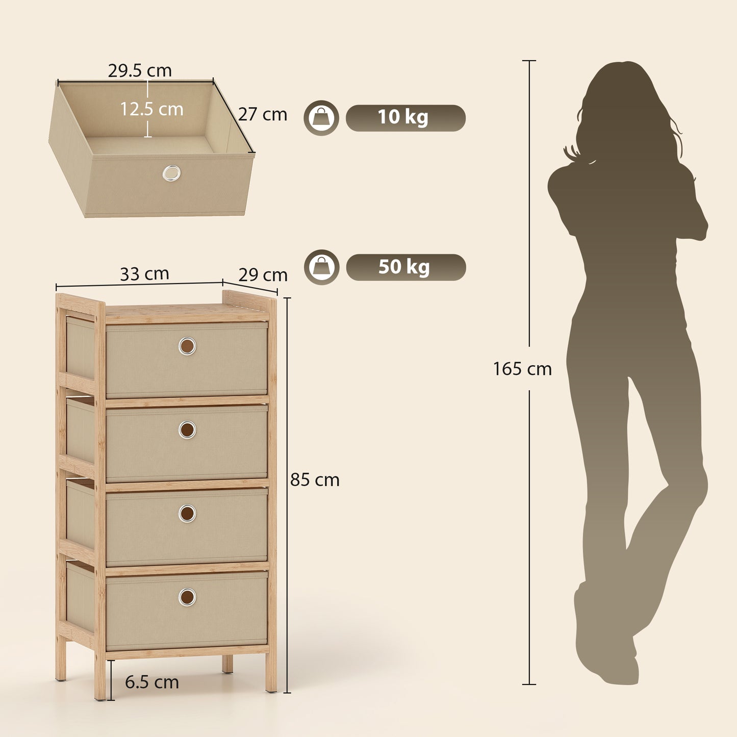 HOMCOM Chest Of Drawers With Bamboo Frame And Four Fabric Drawers Narrow Dresser Cream White