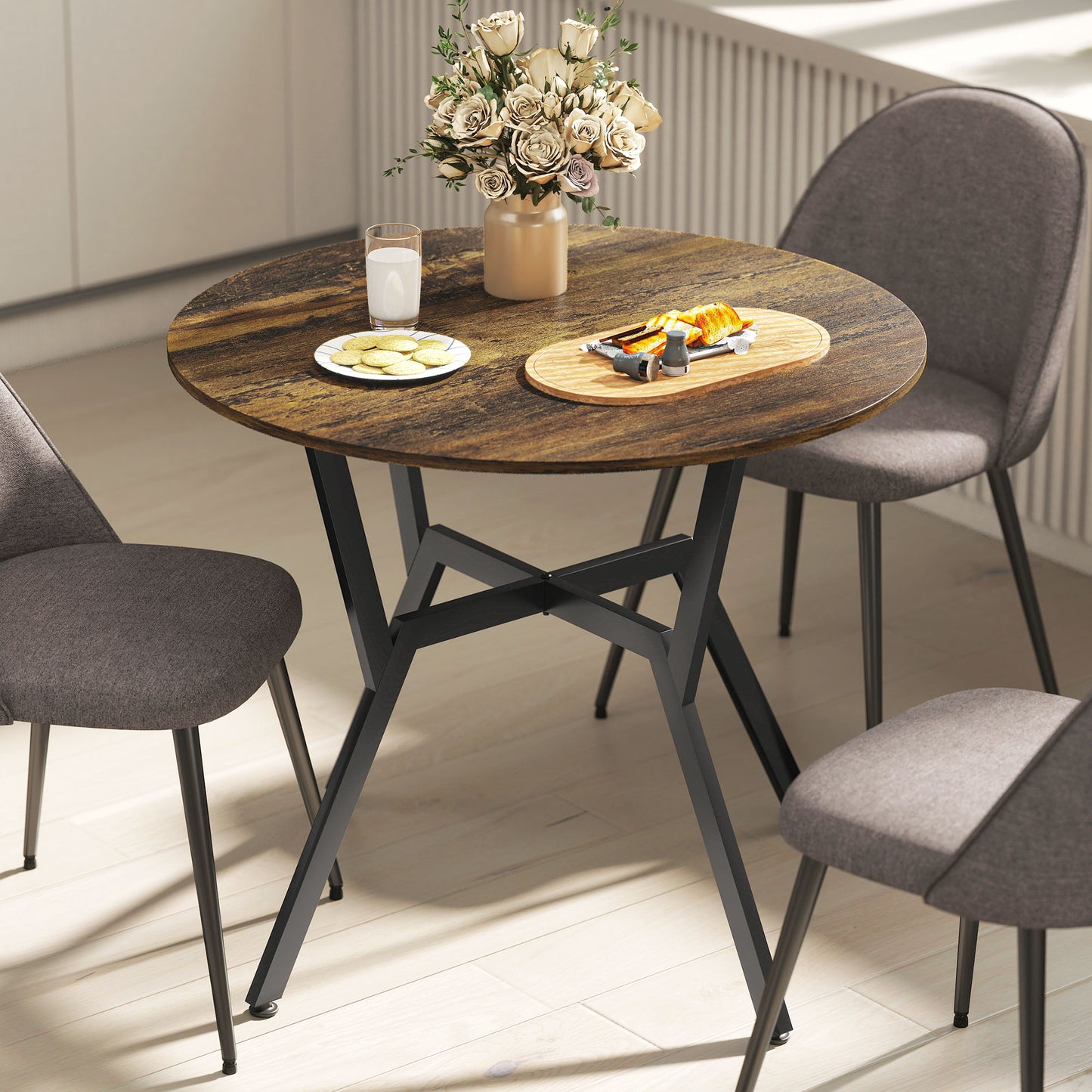 HOMCOM Round Dining Table With Black Legs Rustic Brown 90 By 76 Cm Anti Slip Foot Pads For Living Room And Dining Room
