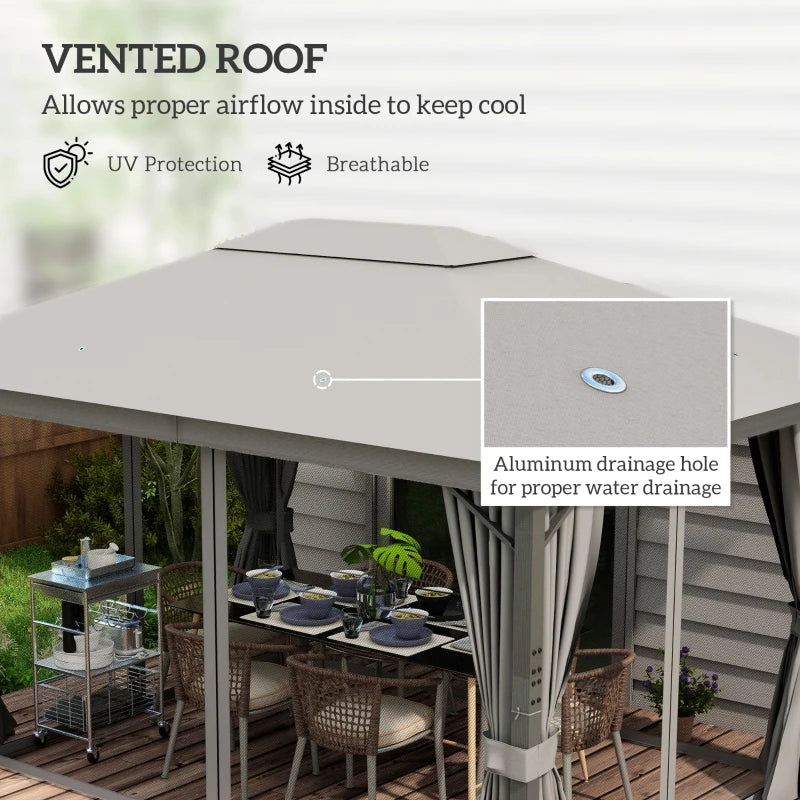 Outsunny 4x3m Patio Gazebo Canopy with Vented Roof, Netting, Curtains, Aluminum Frame - Grey - ALL4U RETAILER LTD