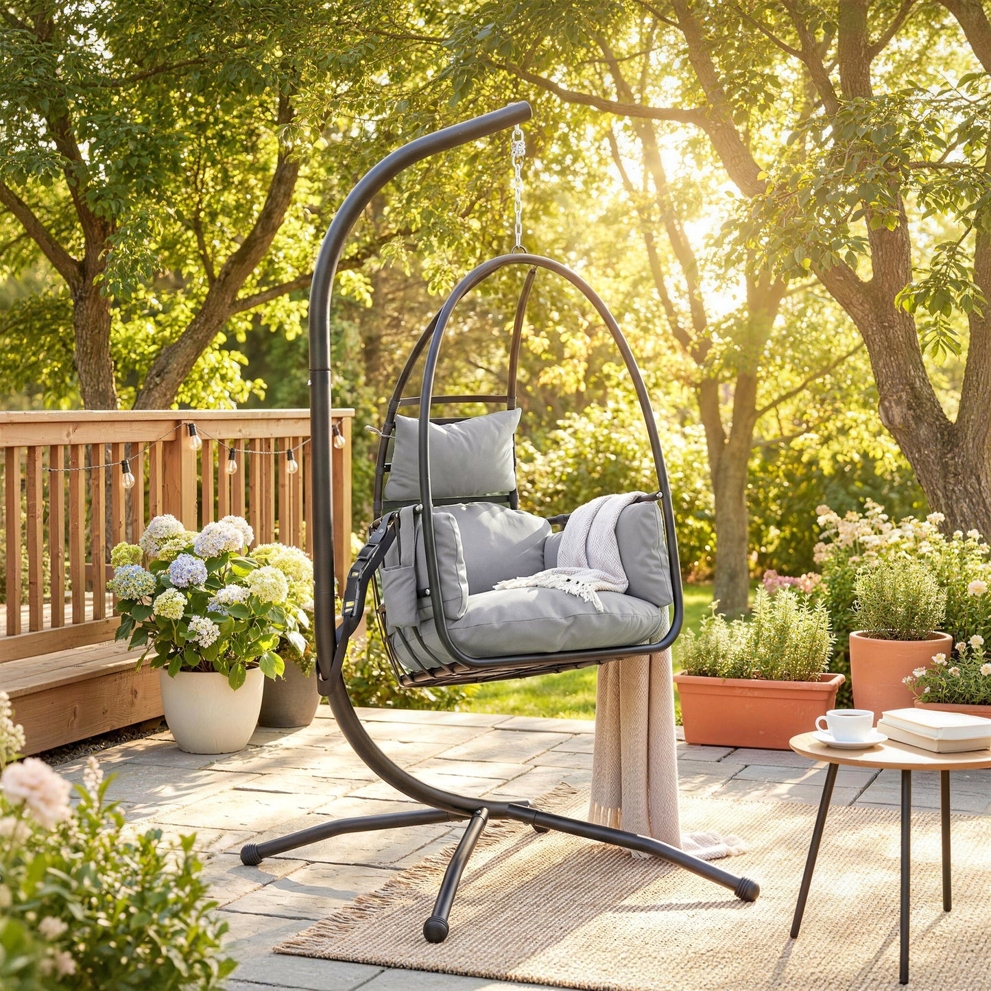 Outsunny Hanging Egg Chair With Stand For Indoor And Outdoor Use, Foldable Basket, Side Pocket, Dark Grey