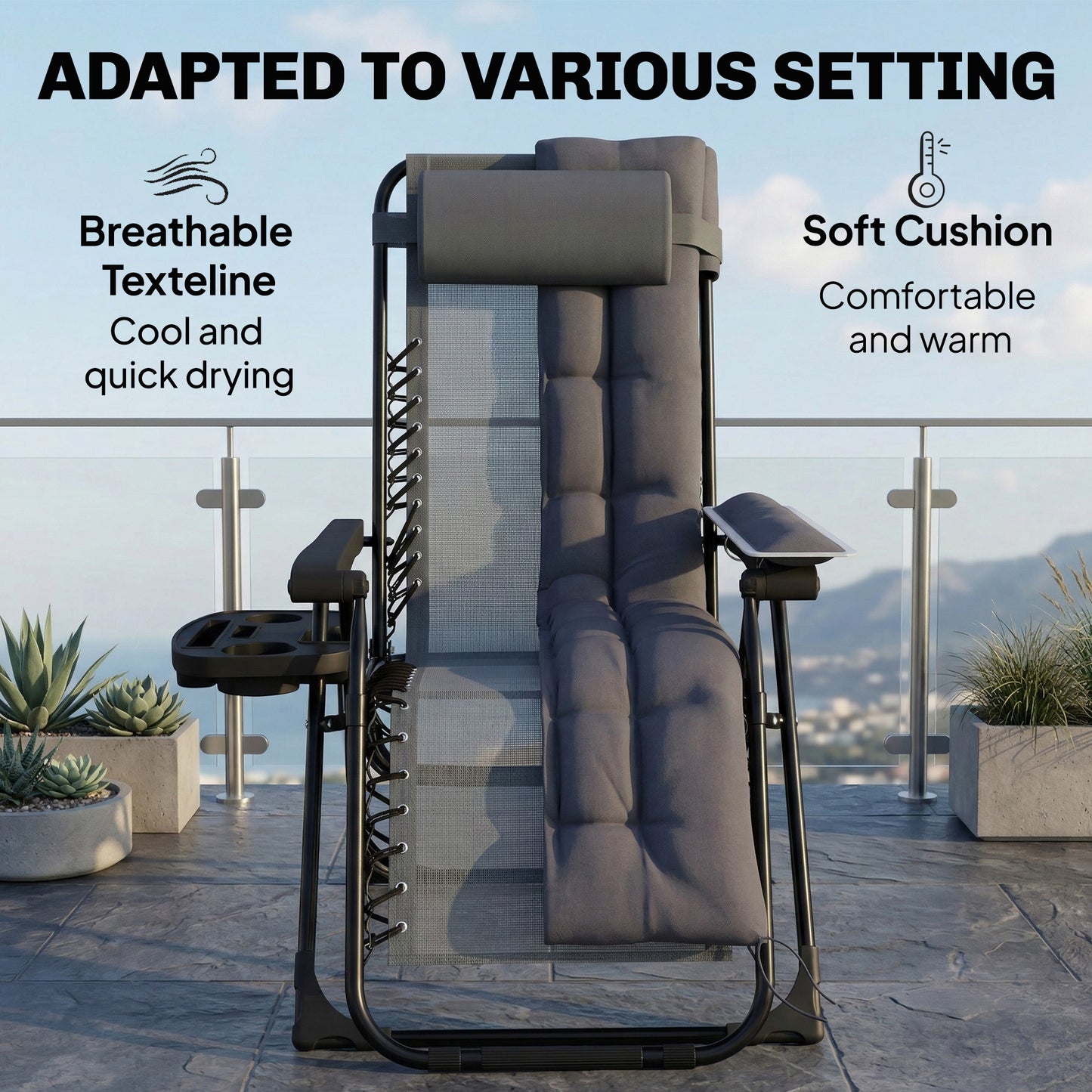 Outsunny Zero Gravity Chair Folding Sun Lounger Reclining Chair With Arm Pads Cushion Cup Holder Headrest Dark Gray