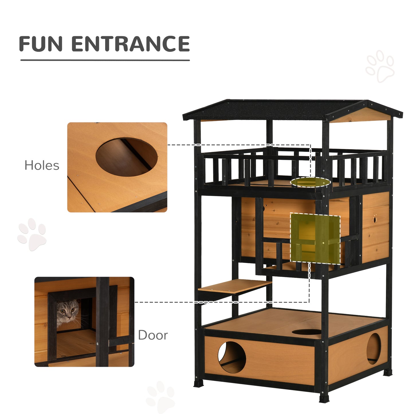 PawHut Three-Tier Outdoor Wooden Cat House with Balcony and Elevated Base - Yellow - ALL4U RETAILER LTD