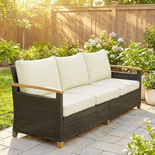 Outsunny 3 Seater Rattan Garden Sofa PE Wicker Outdoor Sofa Wide Deep Seat 4 Inch Cushions Wood Effect Armrests Brown