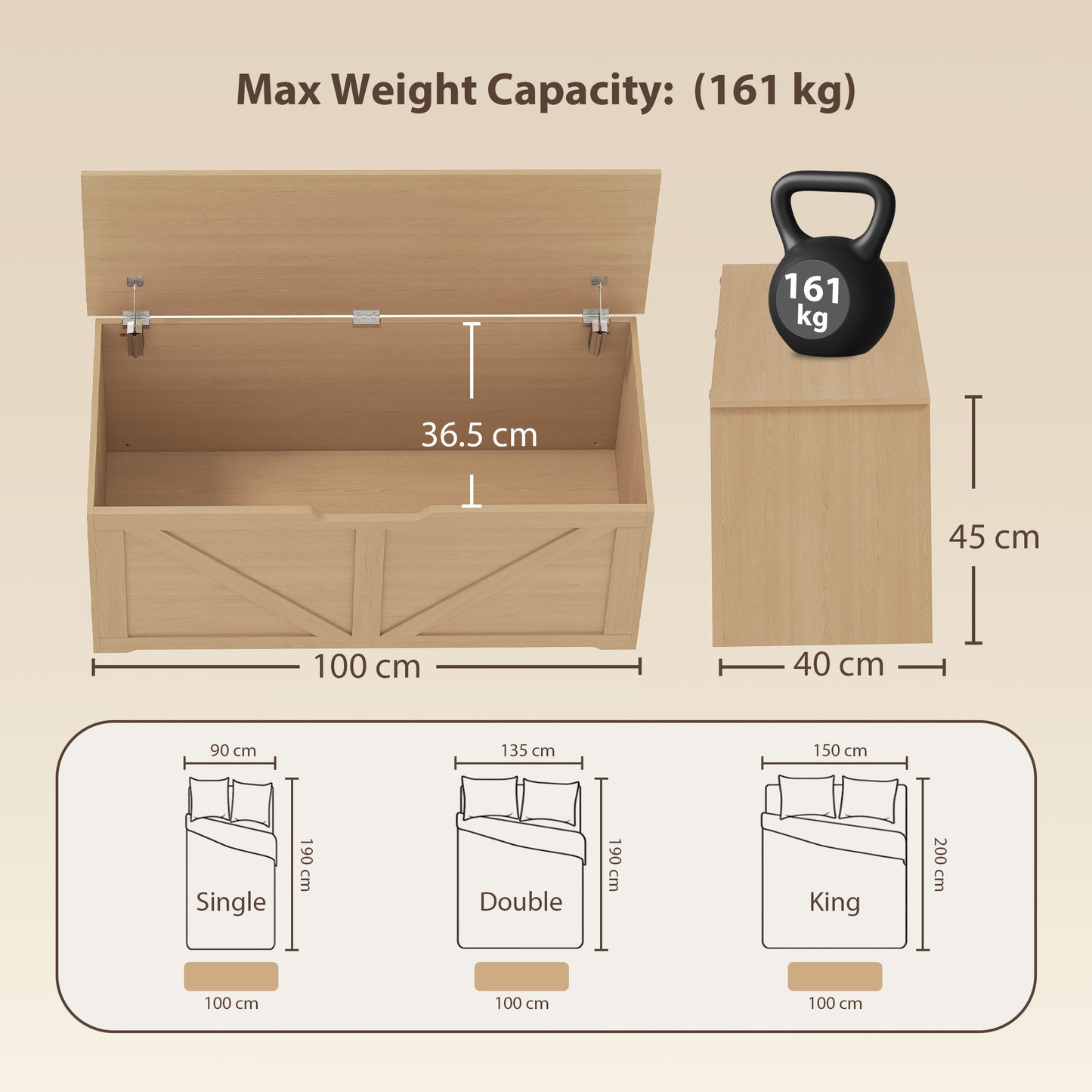 HOMCOM 127L Storage Box With Safety Hinges And Flat Lid Nature Wood Finish Ideal For Blanket Storage And Seating