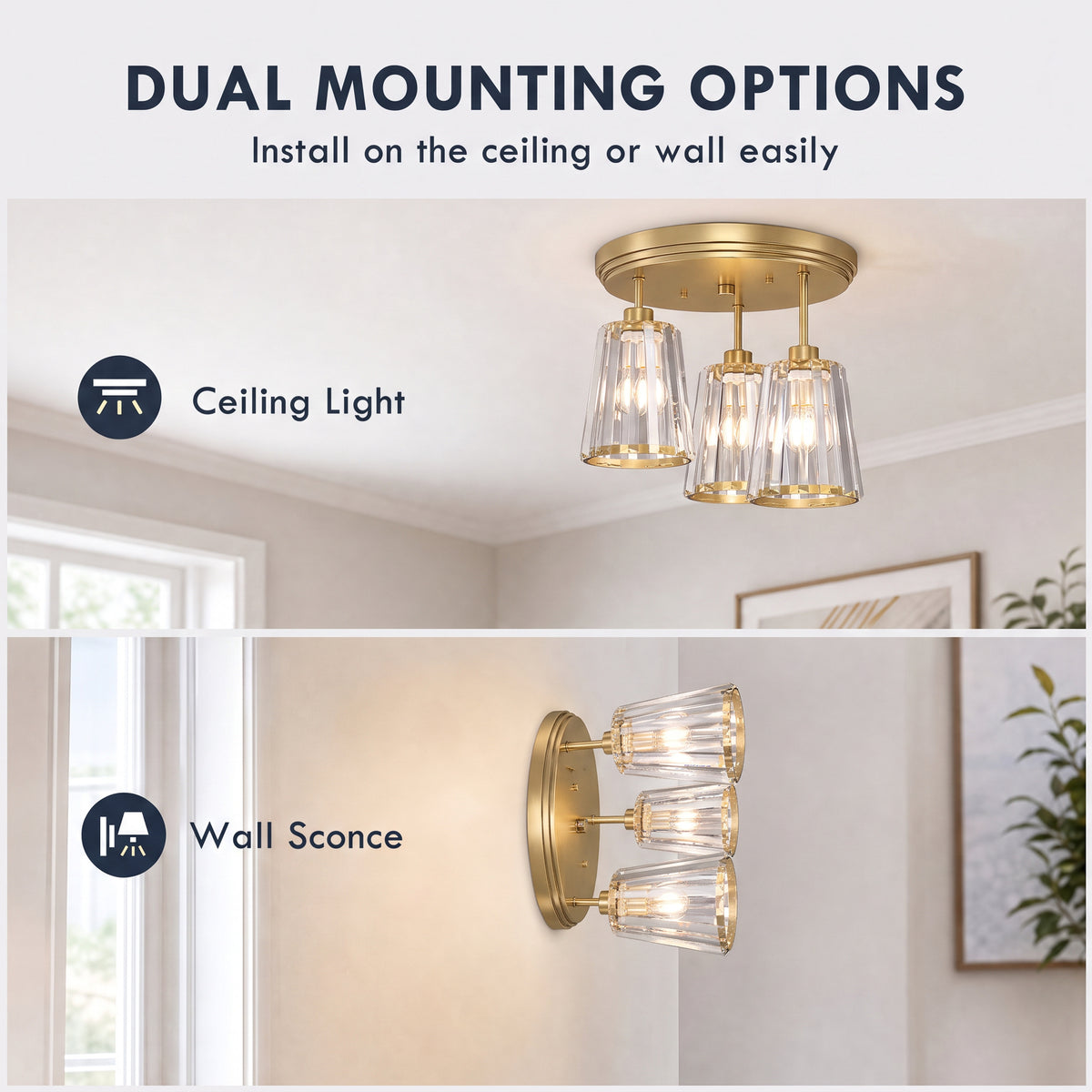 HOMCOM 3 Light Crystal Glass Ceiling Light Gold Triple Head Dual Mount