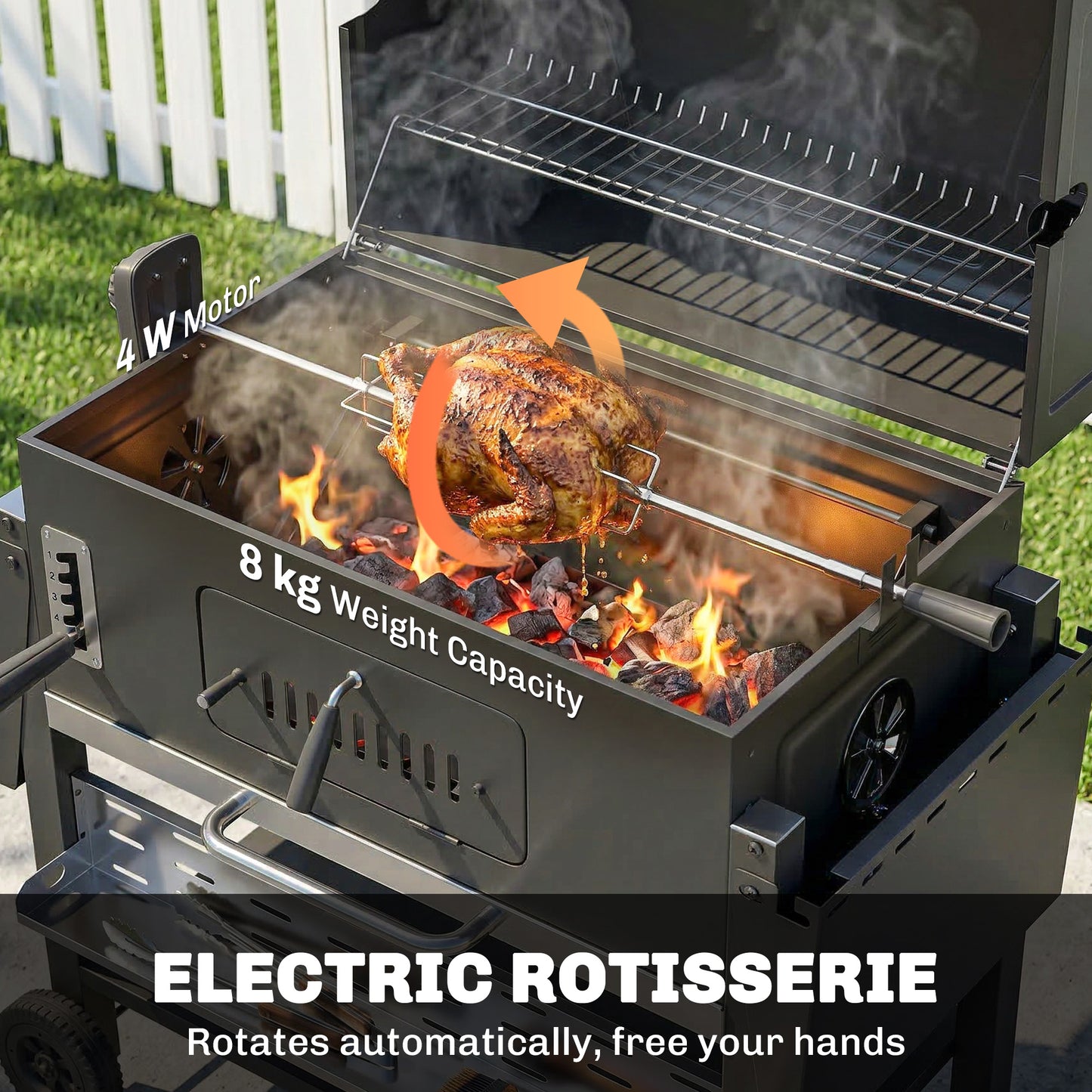 Outsunny Charcoal BBQ Grill Smoker With Electric Rotisserie Kit Portable Barbecue Grill Warming Rack Black