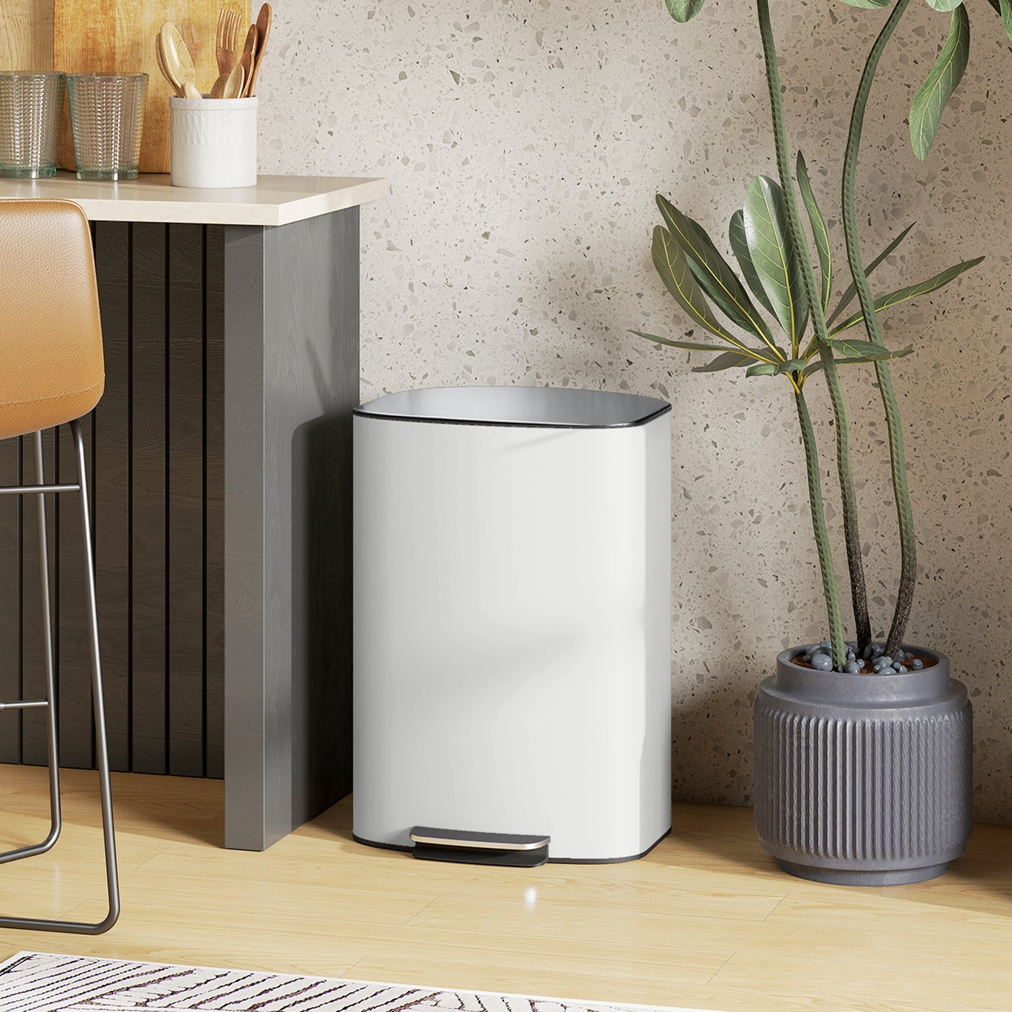 HOMCOM 50L Kitchen Bin With Soft Close Lid Stay Open Function Stainless Steel Pedal Bin Removable Inner Bucket Cream