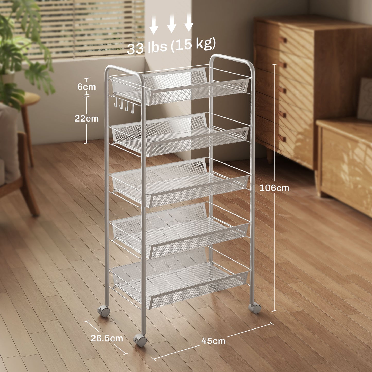 HOMCOM Five Tier Steel Mesh Basket Storage Trolley With Wheels White For Kitchen Home Office Garage And More