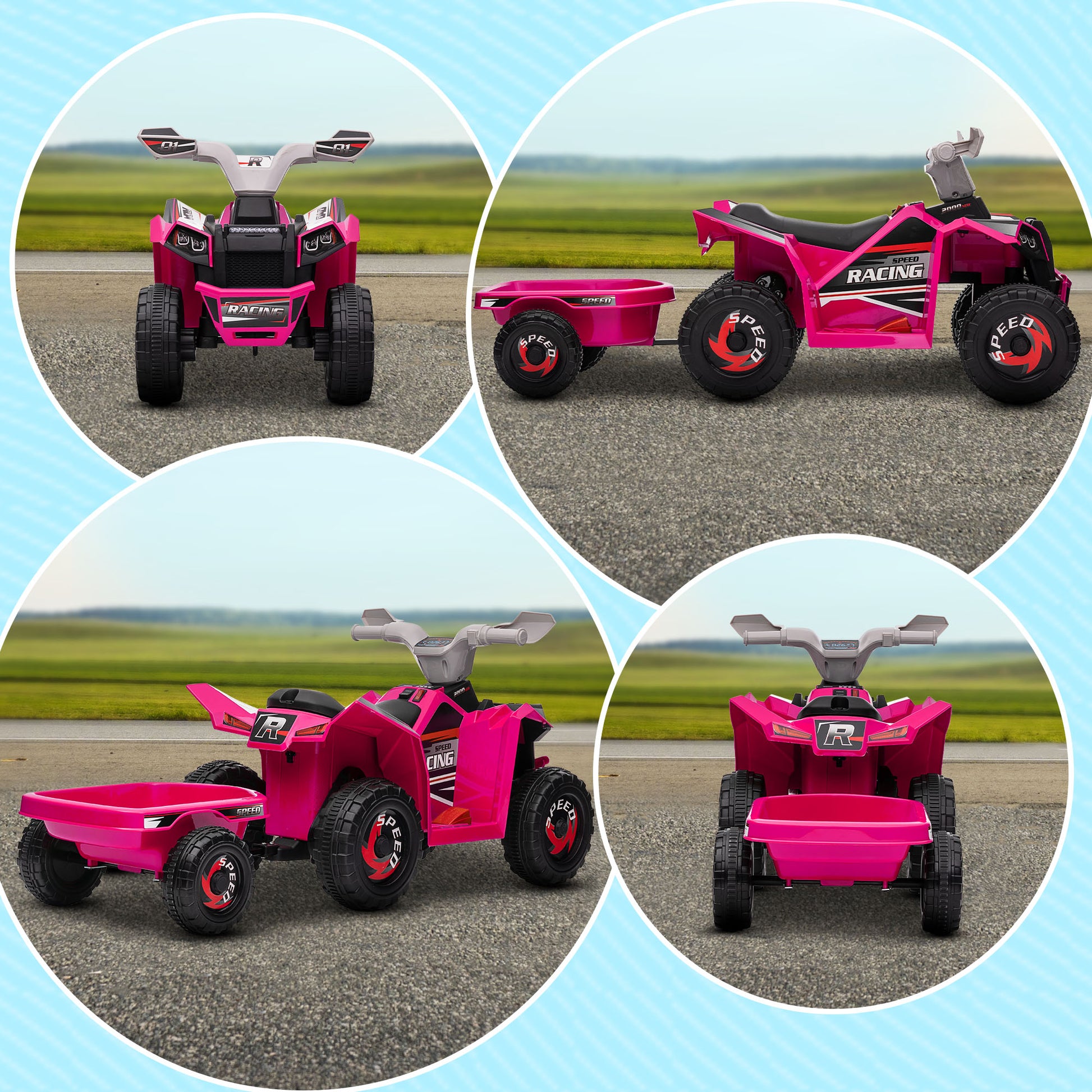 HOMCOM 6V Pink Quad Bike with Back Trailer, Wear-Resistant Wheels for Ages 18-36 Months - ALL4U RETAILER LTD