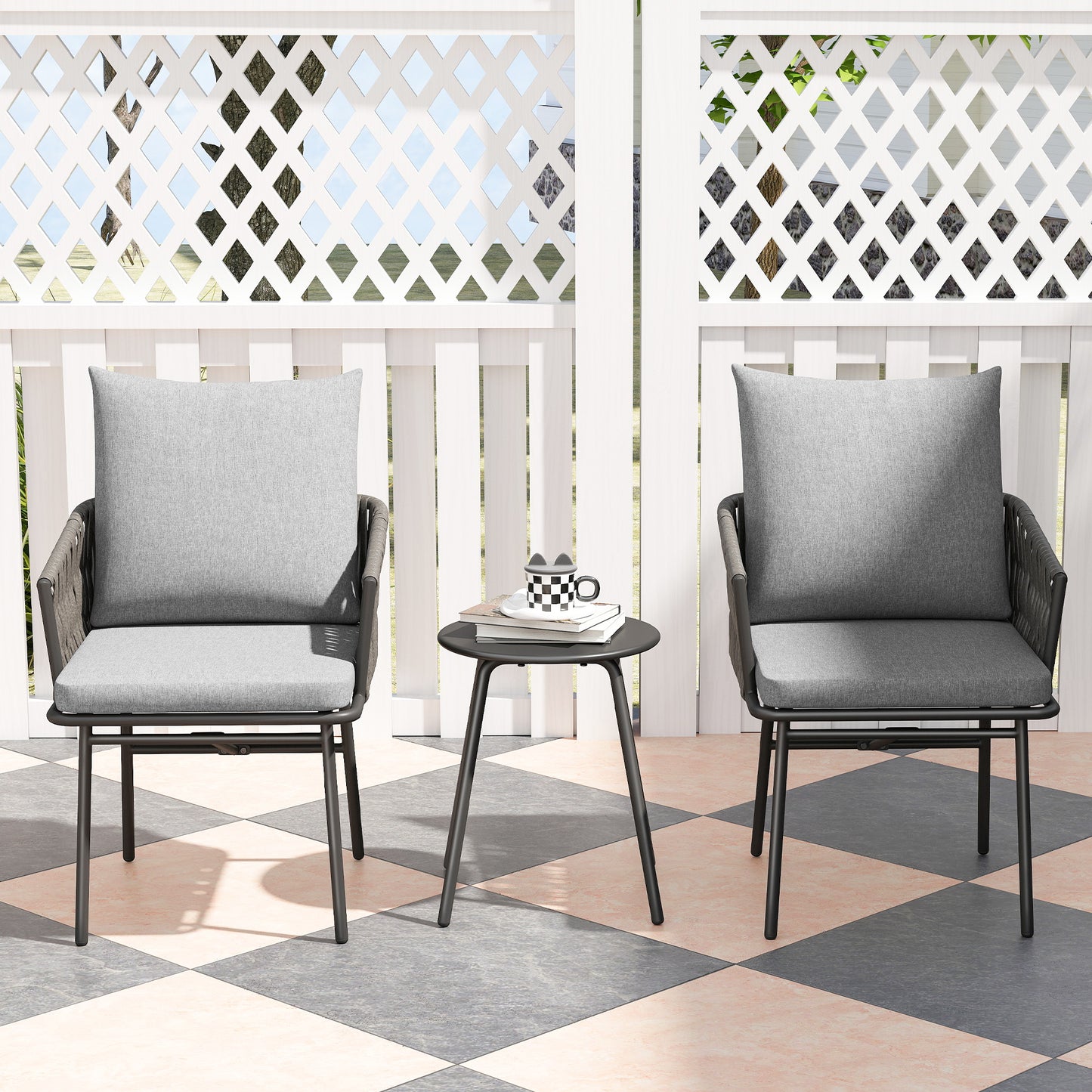 Outsunny 3 Piece Rattan Bistro Set With Table And Chairs And 4 Cushions For Balcony Porch Terrace Garden Grey