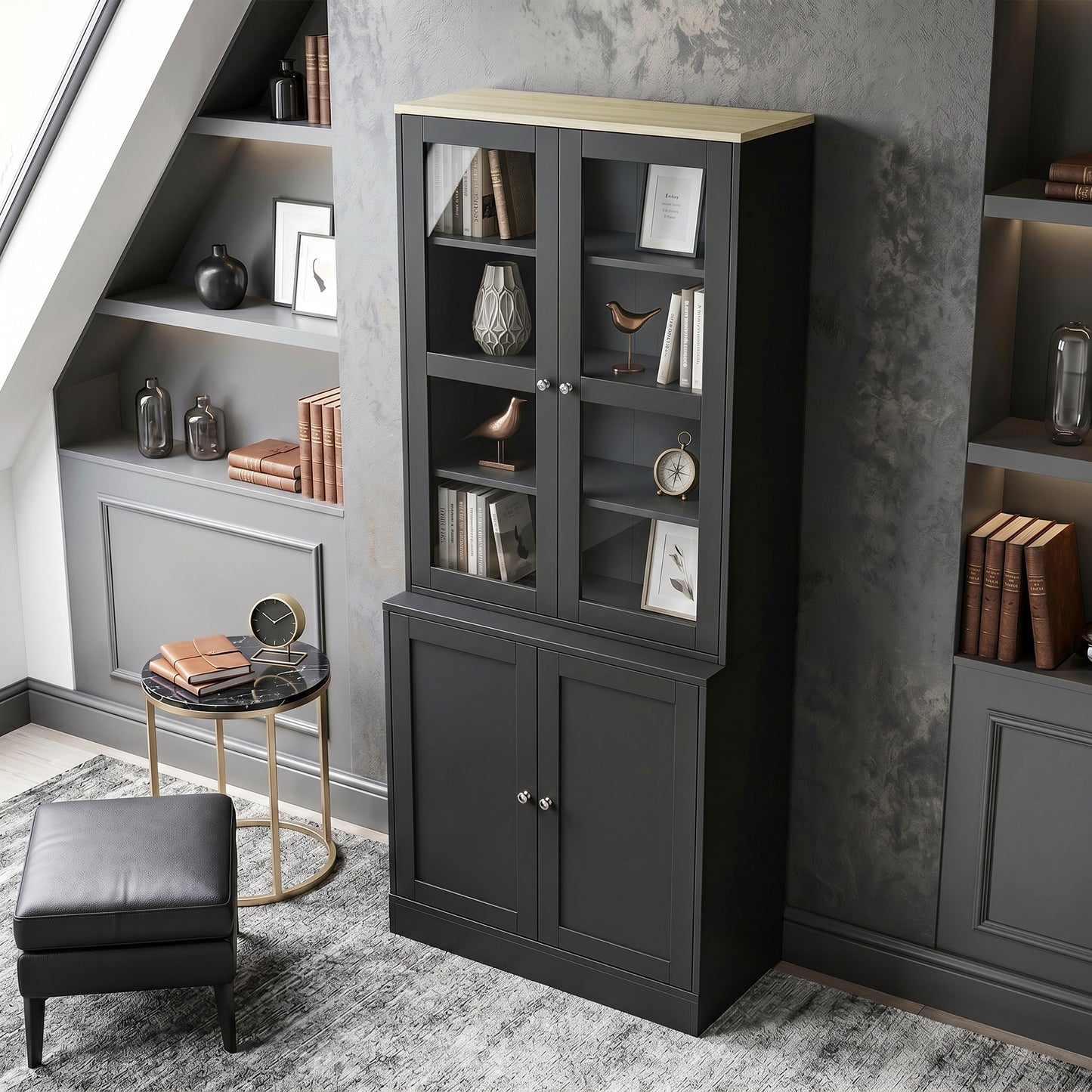 HOMCOM Modern Glass Doors Bookcase With Adjustable Shelves And Display Storage Cabinet Black