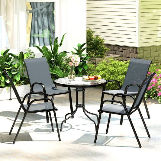 Outsunny Five-Piece Outdoor Steel Patio Set With Round Glass-Top Table And Four Stackable Chairs In Dark Grey