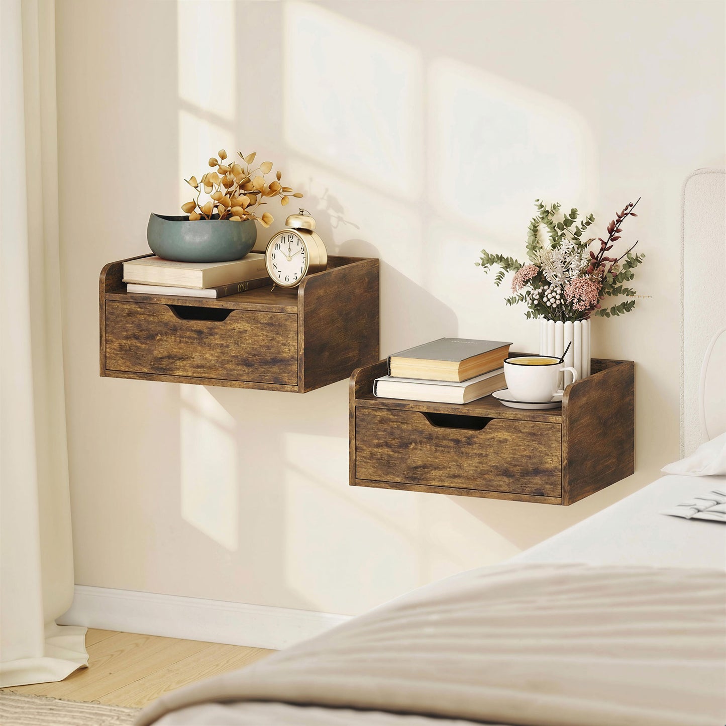HOMCOM Floating Nightstands Set of 2 Wall Mounted Bedside Tables with Drawers Rustic Brown