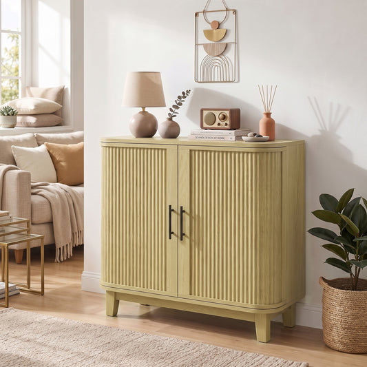 Light wood curved sideboard cabinet with ribbed double doors and black bar handles