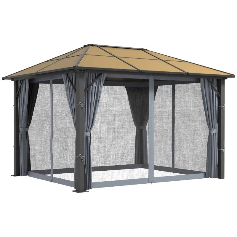 Outsunny 3 x 3.6m Garden Aluminium Gazebo with Hardtop Roof, Canopy, Marquee Party Tent, Patio with Mesh Curtains & Side Walls - Grey - ALL4U RETAILER LTD