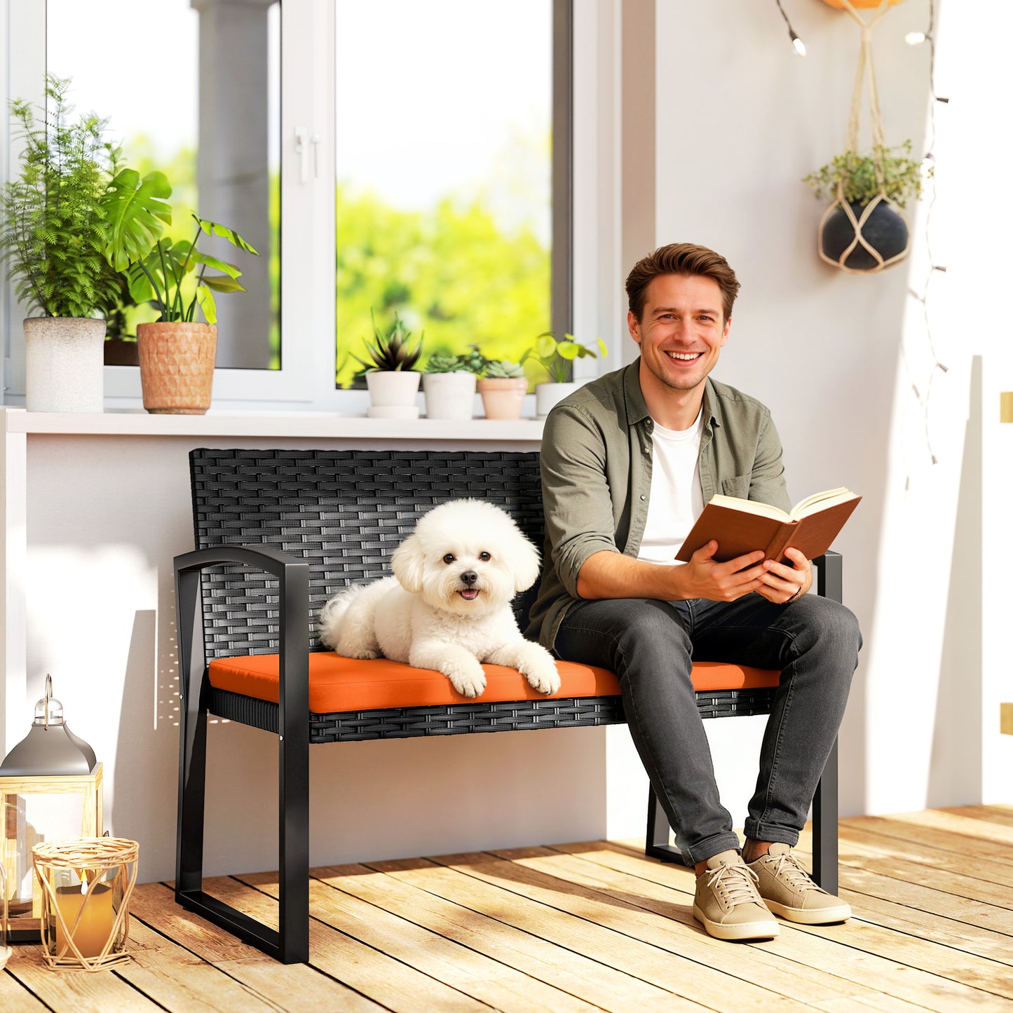 Outsunny Two Seater Rattan Garden Bench With Cushioned Seat Orange Powder Coated Steel Frame