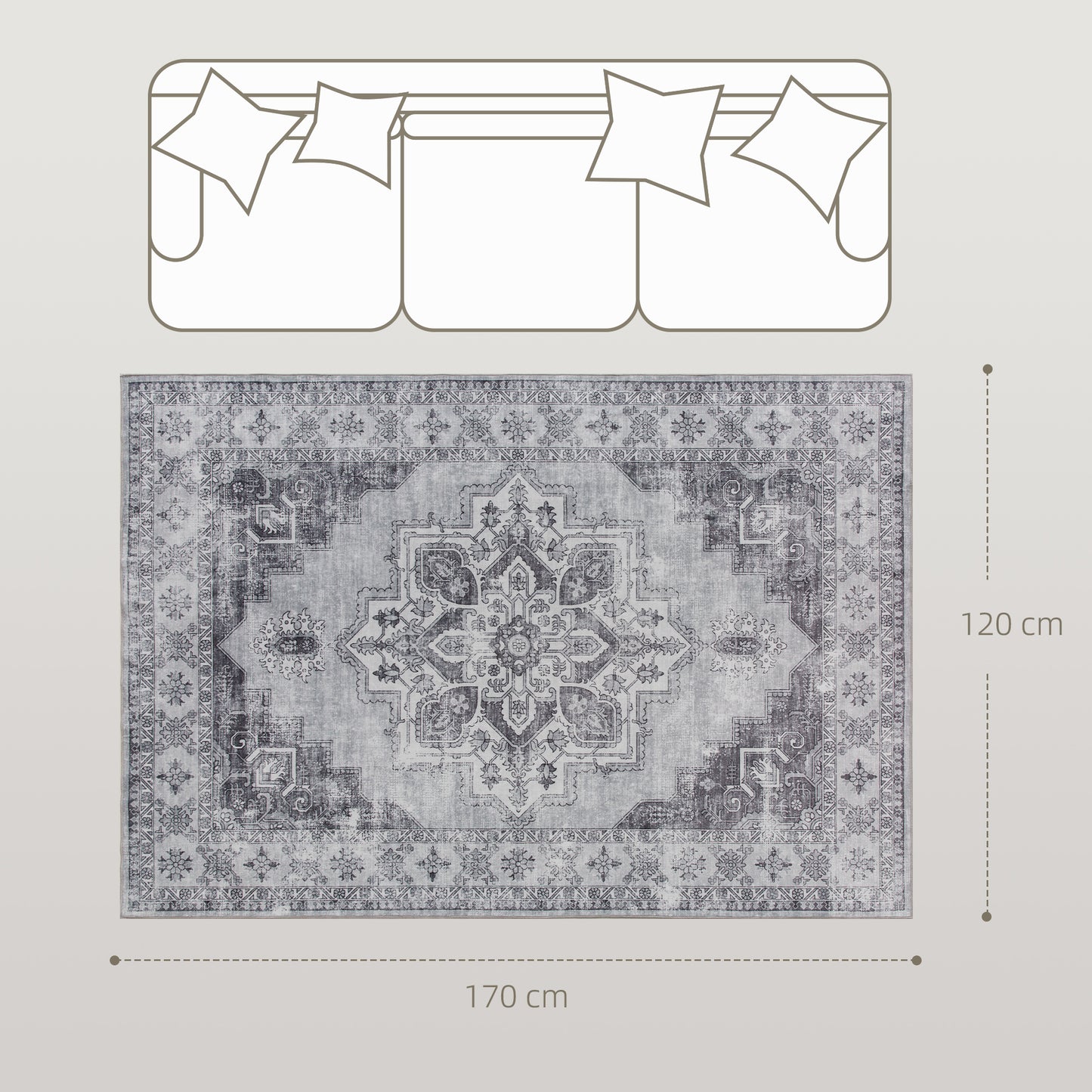 HOMCOM Vintage Area Rug Non Slip Washable Flannel Carpet For Living Room Bedroom Dining Room Home Office 170 x 120 cm