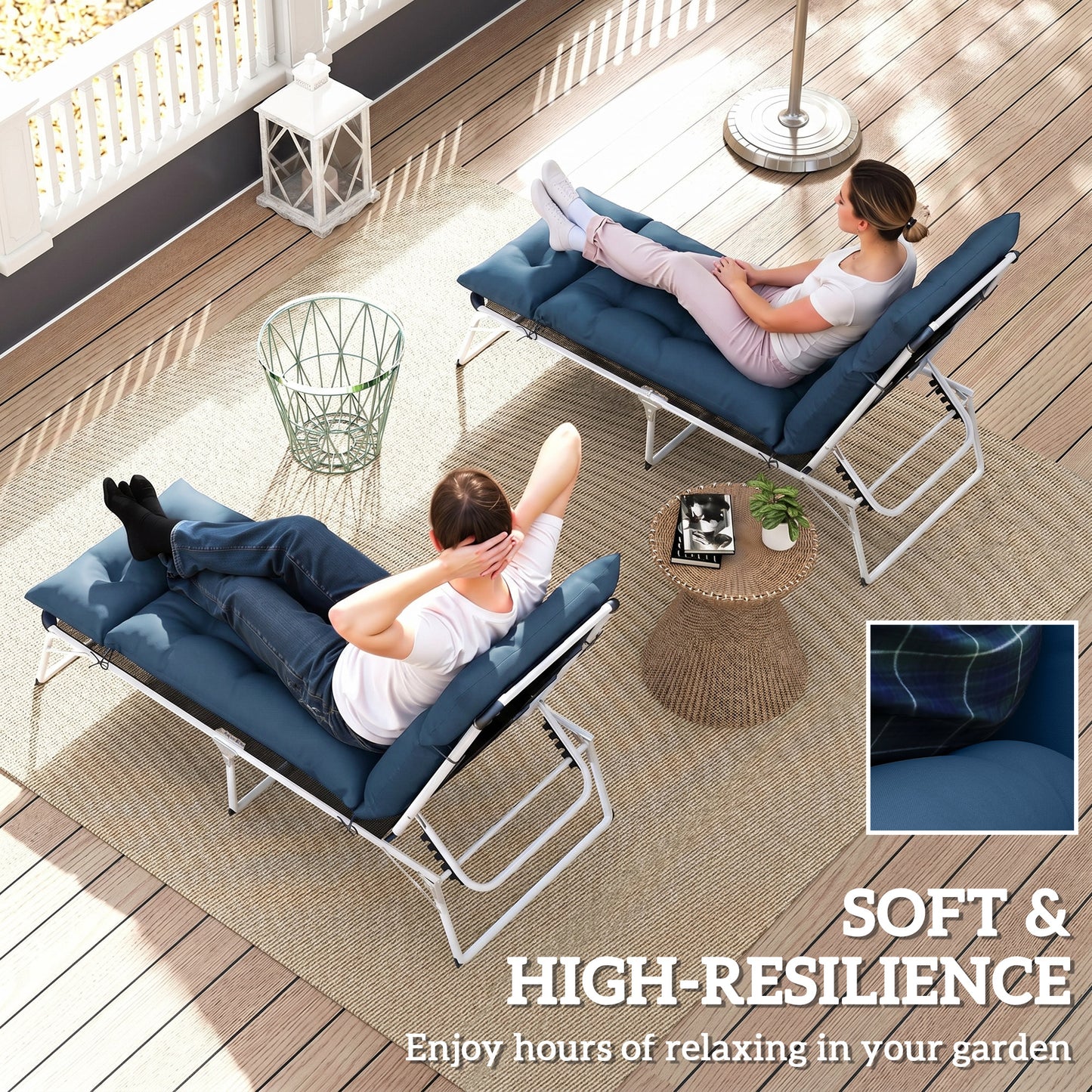 Outsunny Set of Two 190 by 56 cm Sun Lounger Cushions Navy Blue for Outdoor Recliner