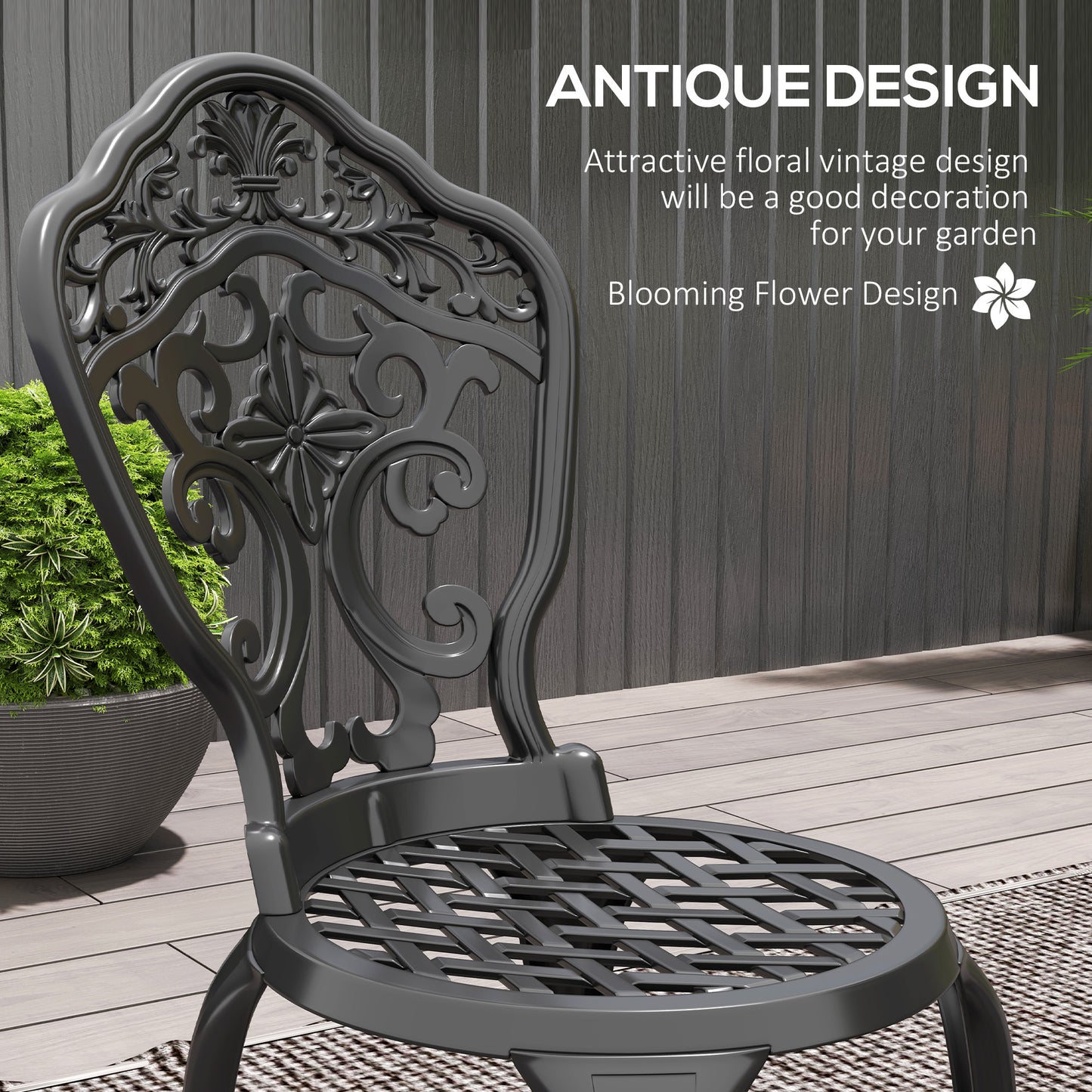 Outsunny Three Piece Aluminium Floral Bistro Set Black Outdoor Patio Furniture With Two Chairs And Table
