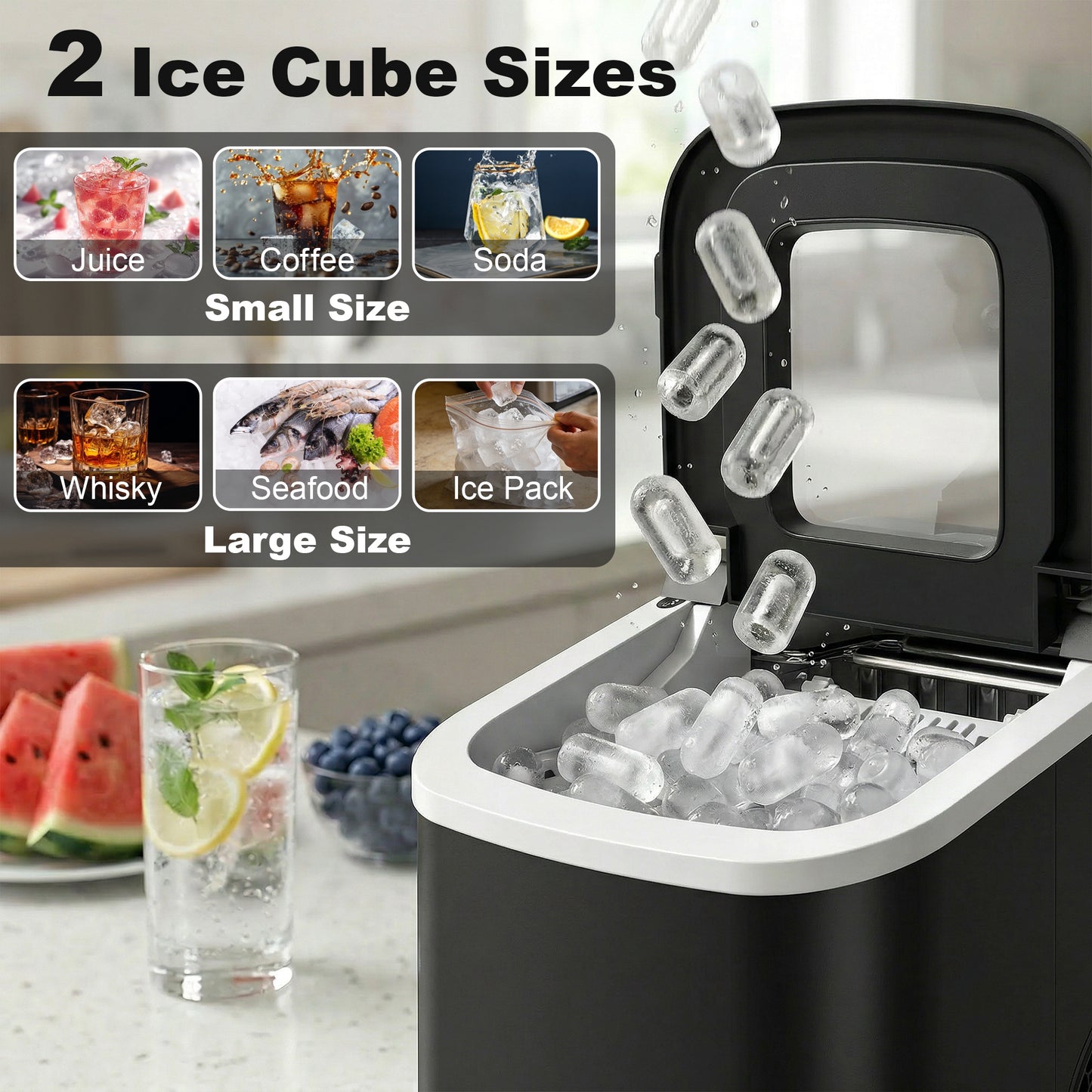 HOMCOM Countertop Ice Maker Machine 9 Cubes In 7 Minutes Portable Ice Maker With Scoop And Basket Two Sizes Black