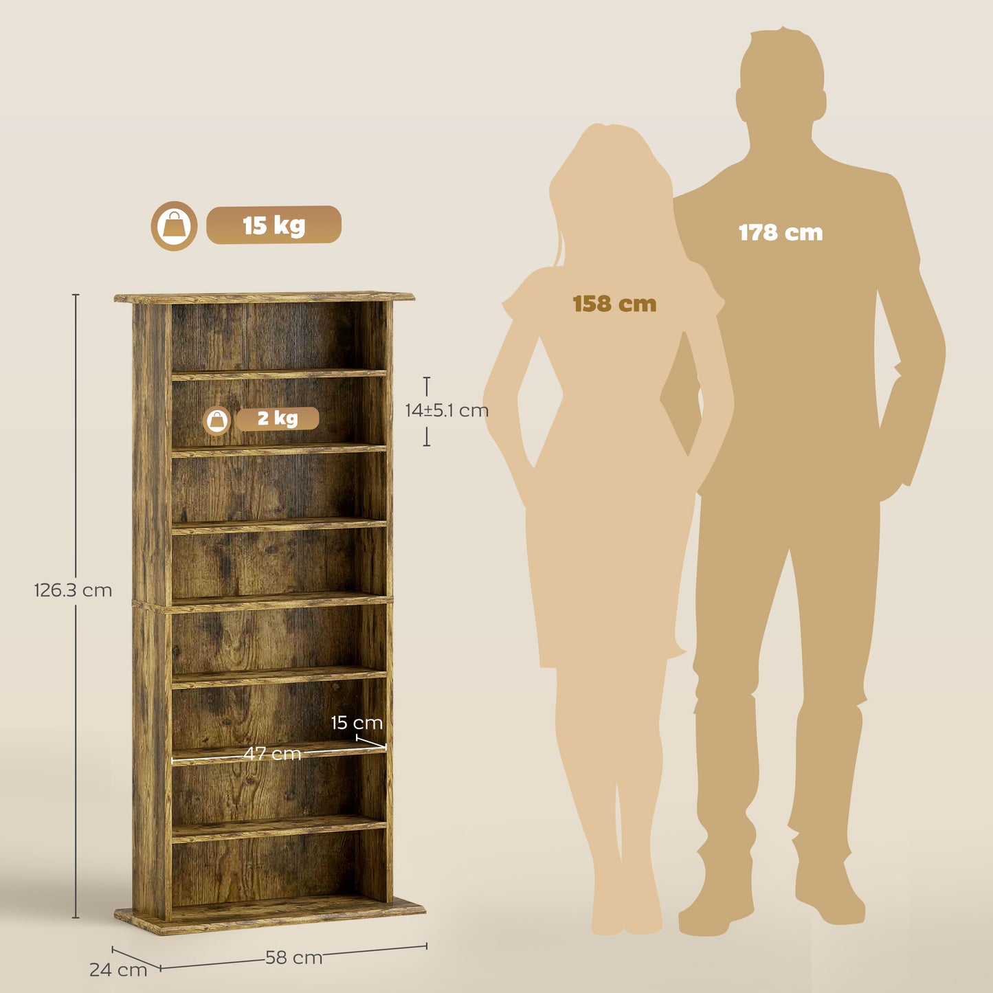 HOMCOM 360 CD DVD Blu Ray Storage Unit Rustic Brown With 8 Shelves 6 Adjustable Anti Tipping Wall Straps